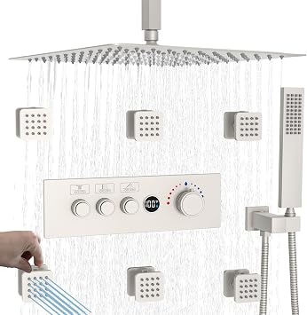 ENGA Temperature-Display Shower System with Body Jets, 16 Inch Rainfall Shower Head with Push-button Thermostatic Valve Shower Faucet Set Can Use All Functions At a Time, Brushed Nickel