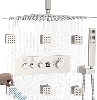 Brushed Nickel Thermostatic Shower System, Enga Digital Temperature Display Push Button Shower Faucet Set, 16 Inch Rain Shower Head with Handheld Spray & 6 Body Jets, All Functions Simultaneously Use