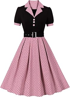 Women's 1950s Retro Dress Short Sleeve Notched Lapel Polka Dot Stripe Sw...