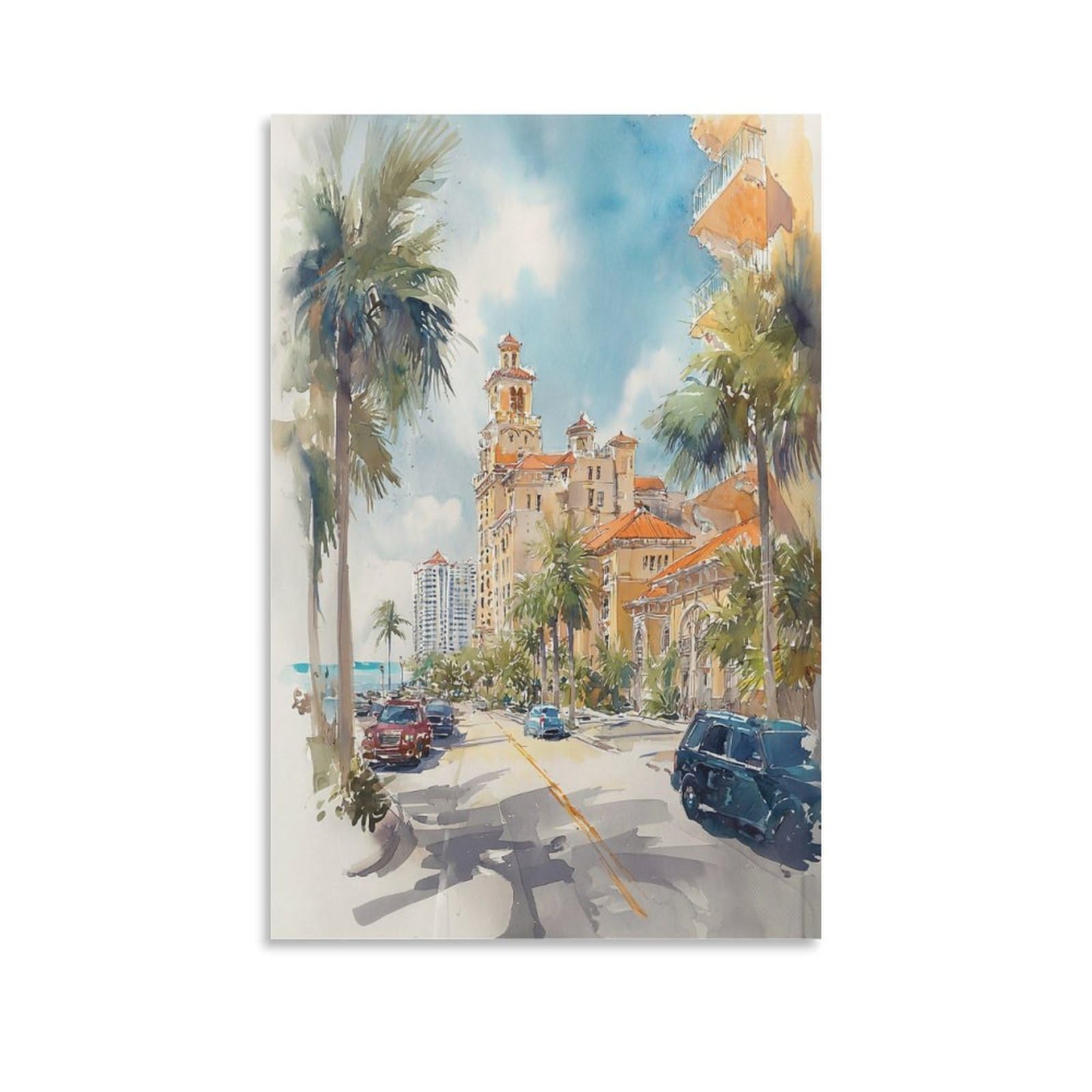 XWYMXZ Miami Beach Watercolor Traditional 20x30inch(50x75cm) Vintage Travel Poster Watercolor Canvas Art