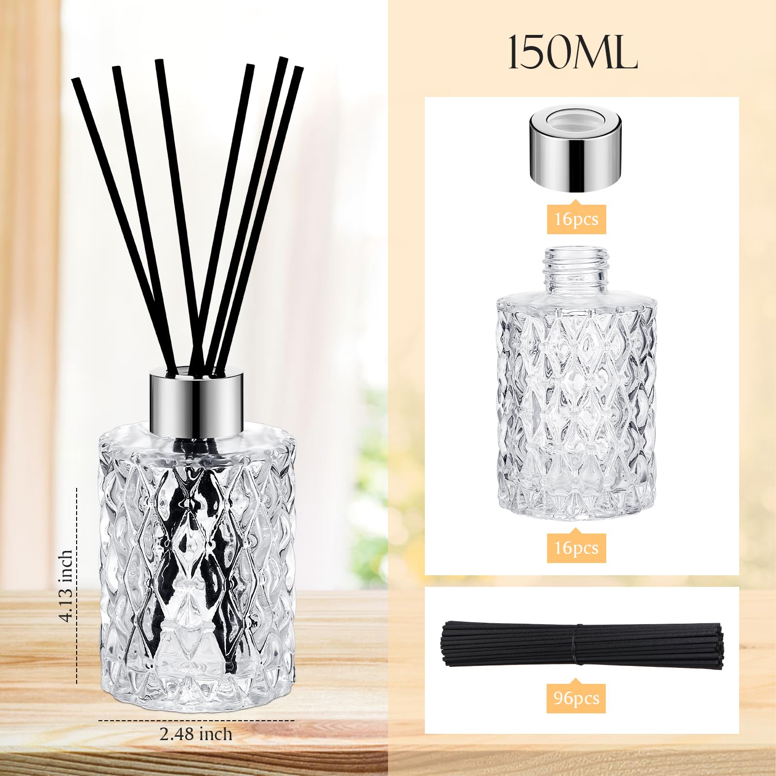 Norme 4 Set Reed Diffuser Bottle Empty Glass Bottles Diffuser with Caps and Black Rattan Sticks Set 150ml 5.07 oz Fragrance Oil Sticks for DIY (Silver)