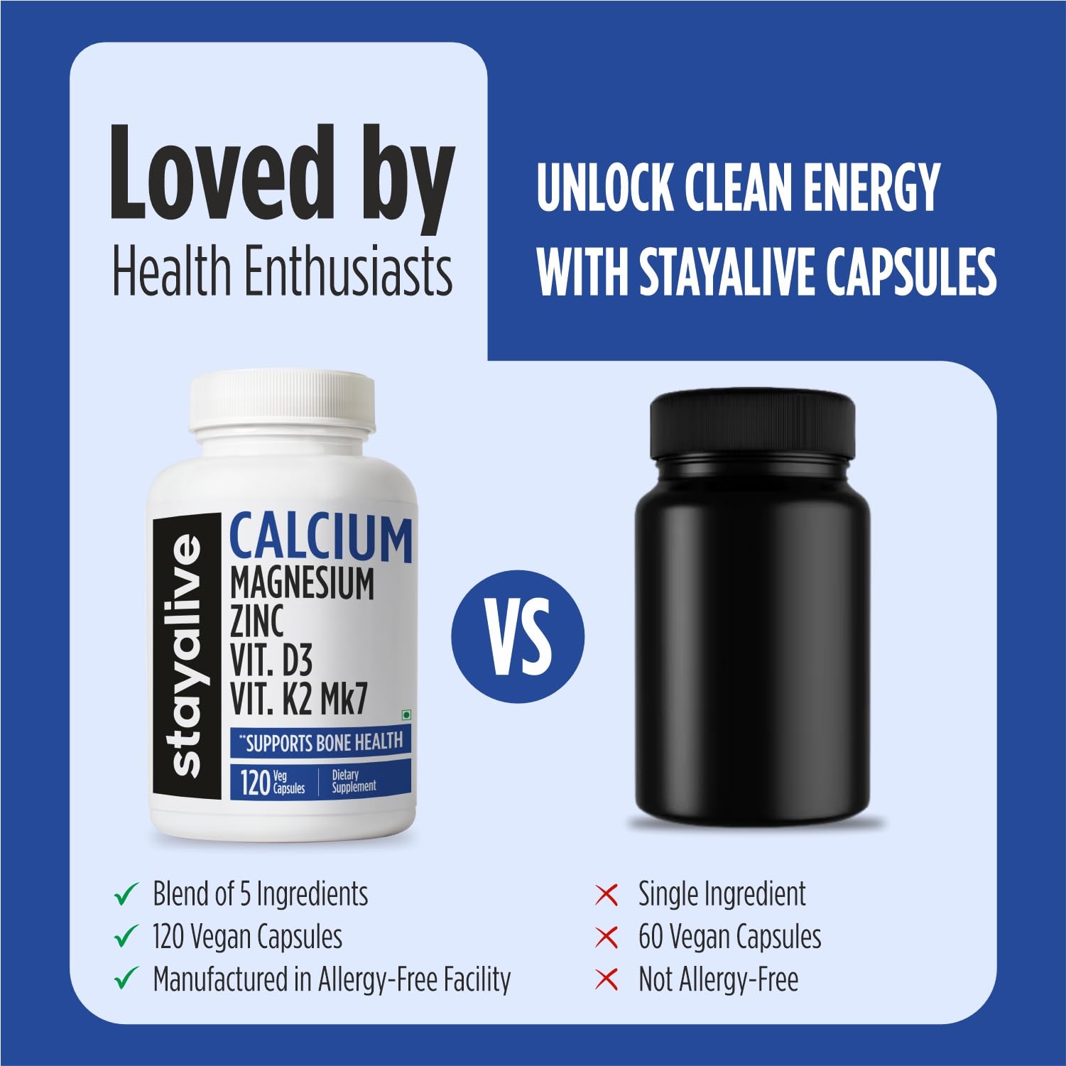 STAY ALIVE Calcium Magnesium Zinc Vitamin D3 K2 | Bone & Joint Health Supplement | Supports Strong Bones & Muscle | 120 Capsules | Non-GMO & Gluten-Free Calcium and Zinc Supplement for Men and Women 2