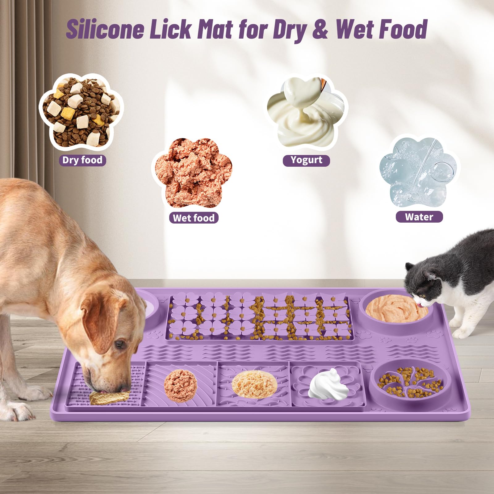 große Silikon Schnüffelmatte, 32''x 20'' Hund lecken Matte mit Saugnäpfen, Slow Feeder für kleine/mittlere/große/mehrere Hunde, langsames Fressen, Langeweile Reducer (lila)