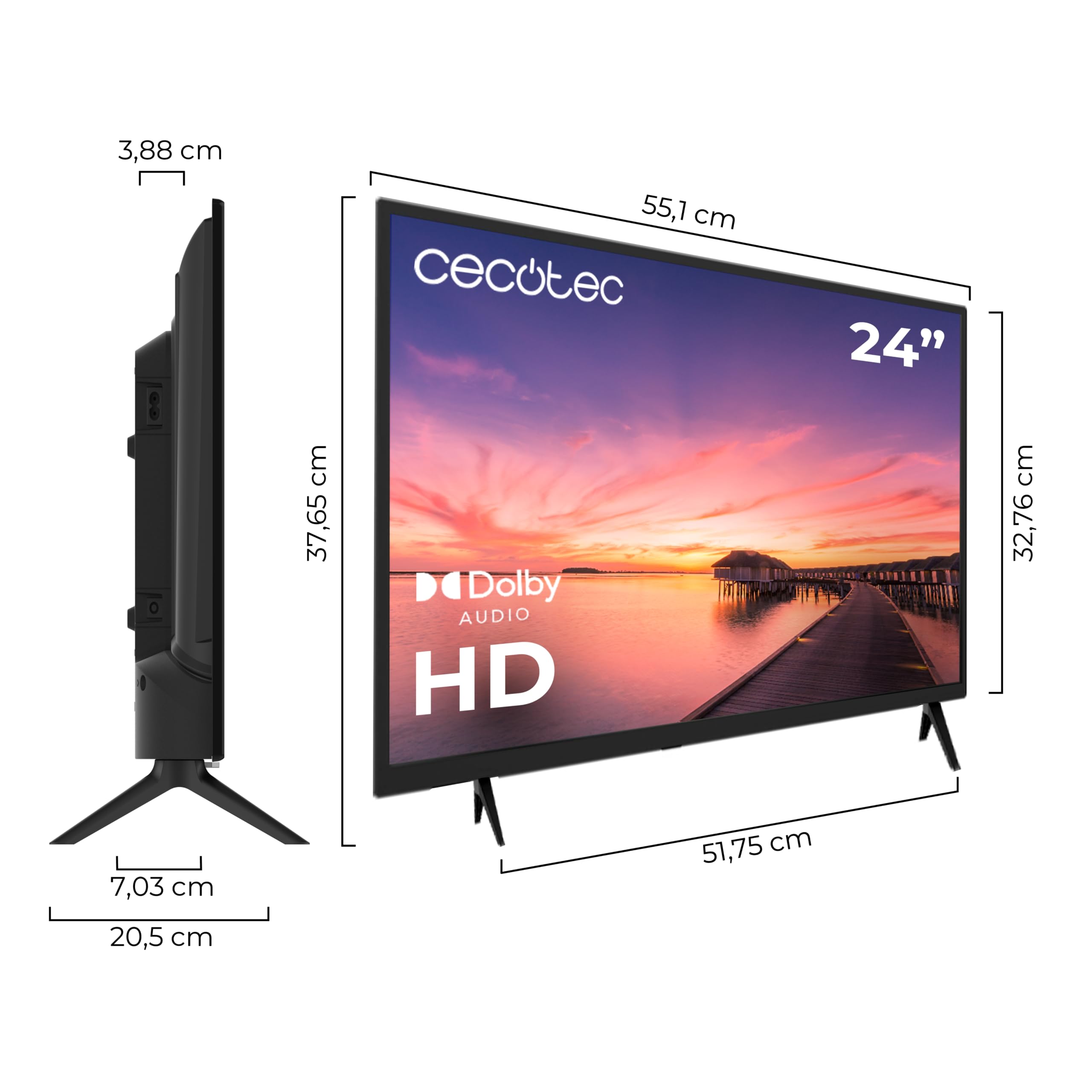 Cecotec Televisor TV 0 Series 0024. Pantalla de 24 Pulgadas, HD, Resolución de imágenes y Videos óptima, Sistema Dolby, Memoria Flash, Conectividad HDMI/USB, Mando a Distancia, Clase E.