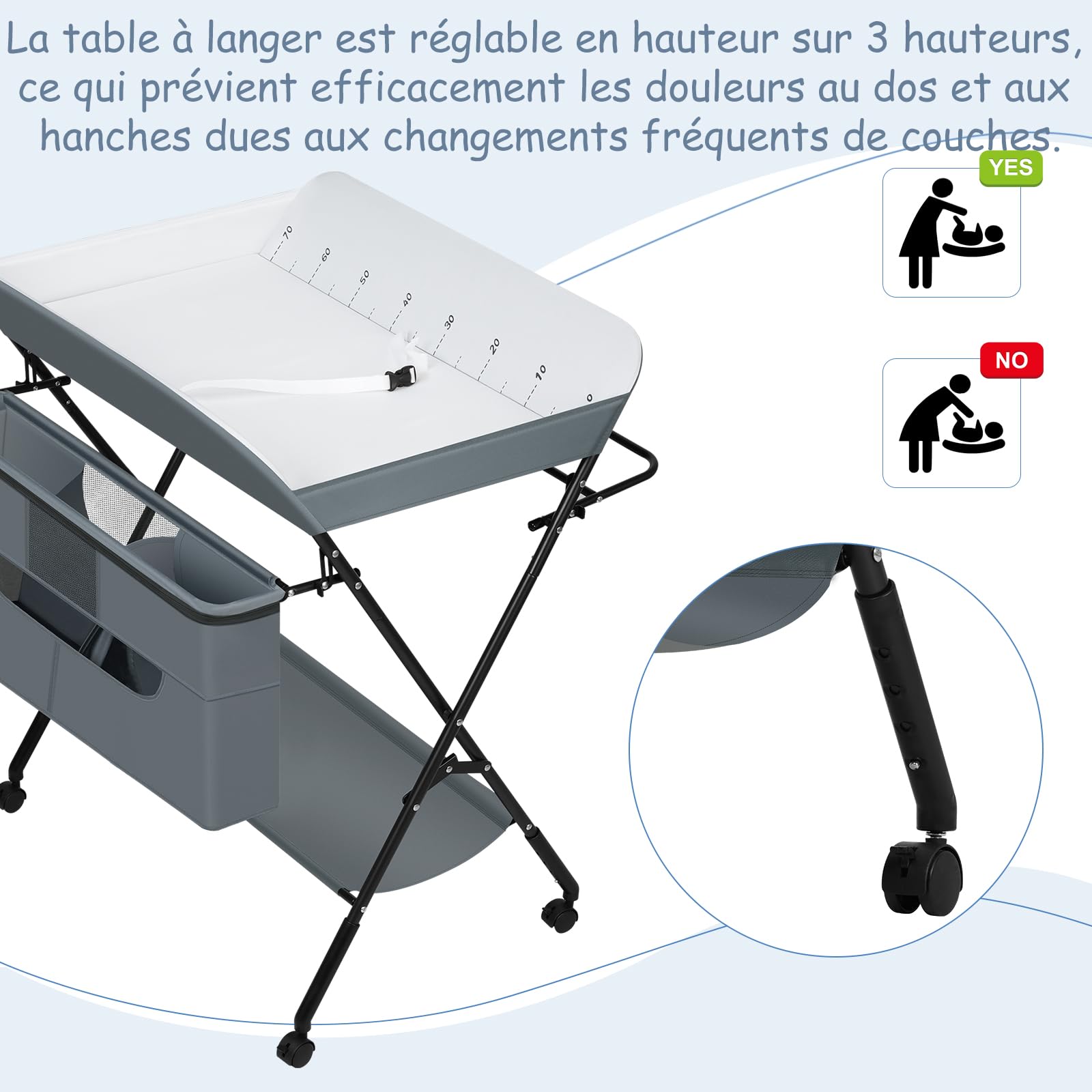 WOLTU Table à langer pliable et réglable en hauteur pour bébé, avec roulettes panier de rangement cadre métallique tissu Oxford, Gris