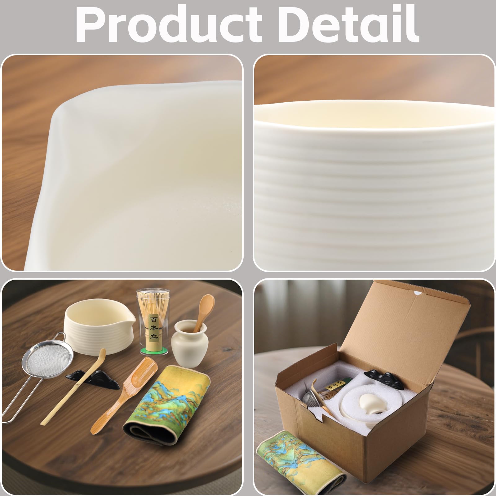Set Matcha 9 Pezzi Bianco Opaco – Kit Cerimonia del Tè Giapponese con Ciotola con Beccuccio Frusta in Bamboo 2 Cucchiai Chashaku Pesce Supporti Chakin e Filtro