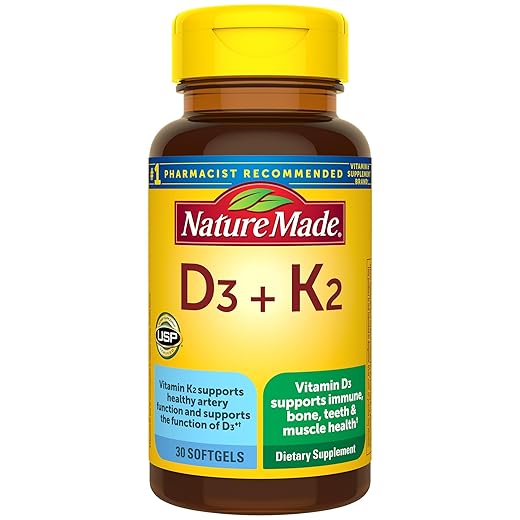 Nature Made Vitamin D3 K2 Supplement, 5000 IU (125 mcg) Vitamin D for Bone, Teeth, Muscle and Immune Support, 30 D3 and K2 Softgels, 30 Day Supply