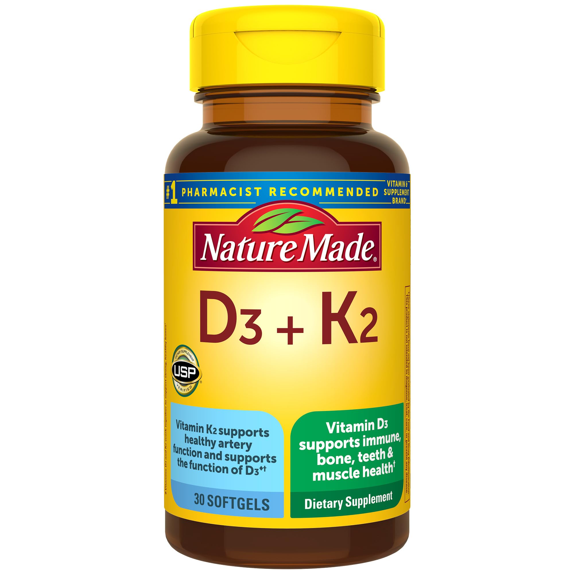 Nature Made Vitamin D3 K2 Supplement, 5000 IU (125 mcg) Vitamin D for Bone, Teeth, Muscle and Immune Support, 30 D3 and K2 Softgels, 30 Day Supply