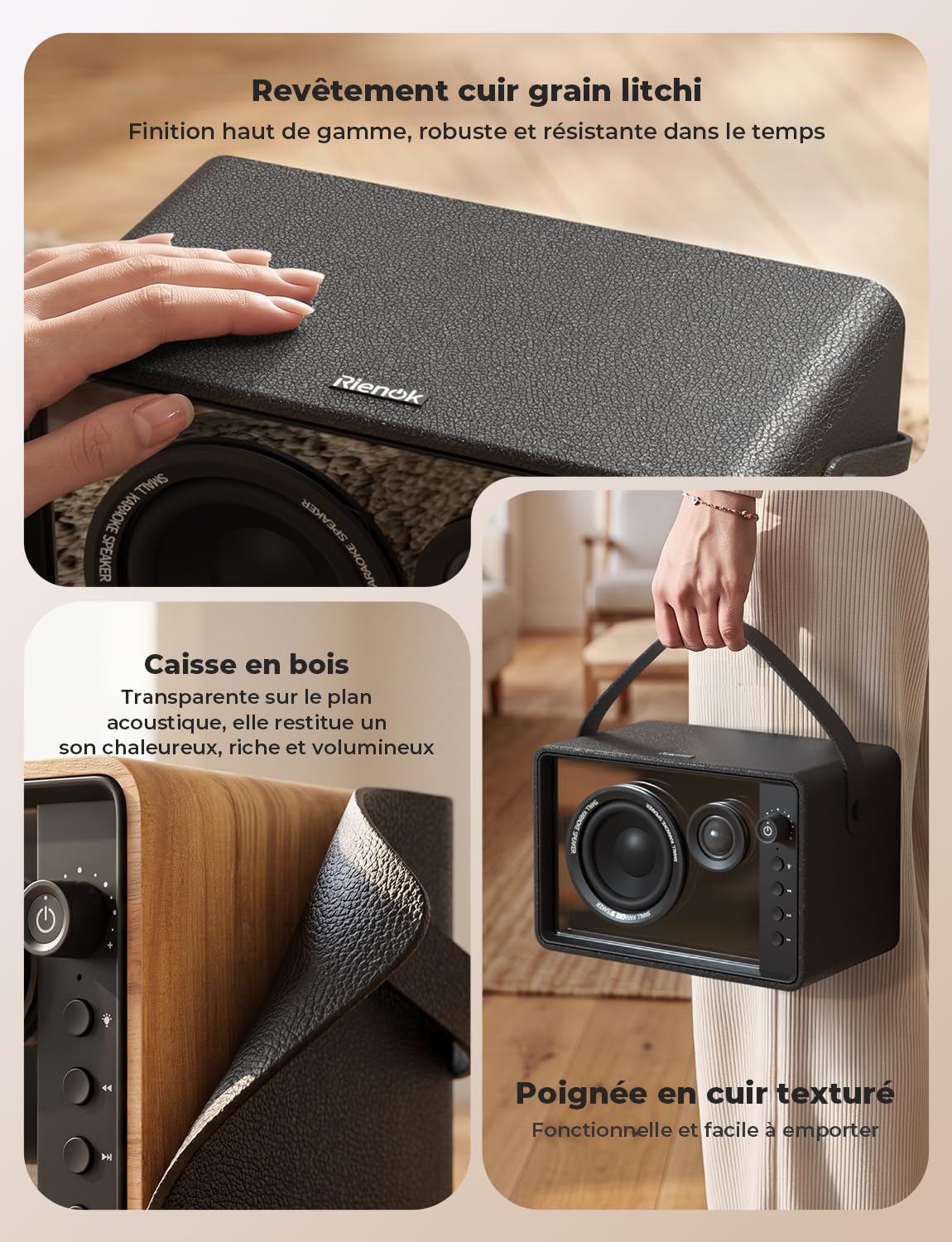 RIENOK Enceinte Bluetooth 40W, Tweeter et Woofer Haut Parleur Puissante Autonomie 15H, 8 Lumières RGB, Bluetooth 5.3, Son Stéréo sans Fil, Soutien AUX, Carte TF, Clé USB, pour Maison, Fêtes Soirées