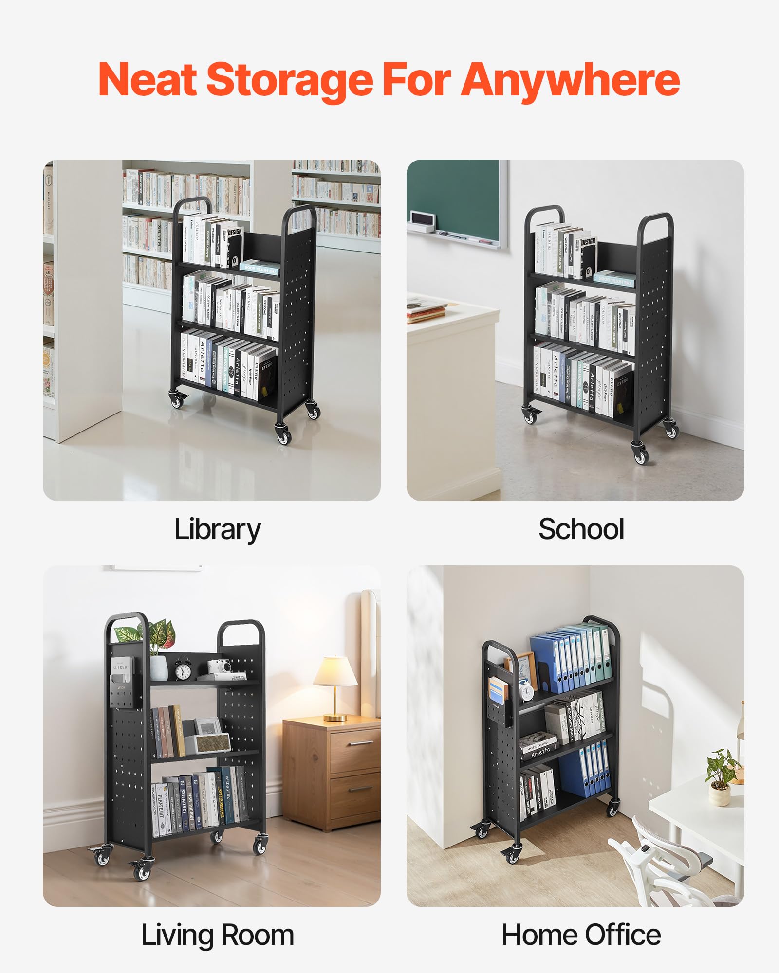 VEVOR Carro para Libros de 3 Niveles Estantería de Libros con Ruedas 77 x 38 x 122 cm Estante de Almacenamiento en Forma de V Carro Rodante para Biblioteca, Librería, Oficina, Escuela, Negro