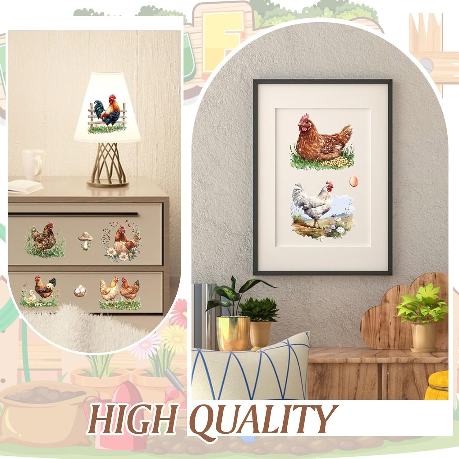 Rub on Transfers for Crafts, 6 Sheets Chickens Rub on Transfers 15cmx30cm/5.91 * 11.81in UV DTF Waterproof Furniture Transfer Stickers for DIY Crafts Wood Glass Farbic