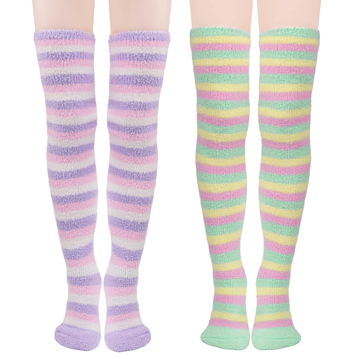 Womens Thigh High Fuzzy Socks Over Knee High Long Striped Stocking Fluffy Cozy Slipper Fleece Gift Socks 2 Pairs