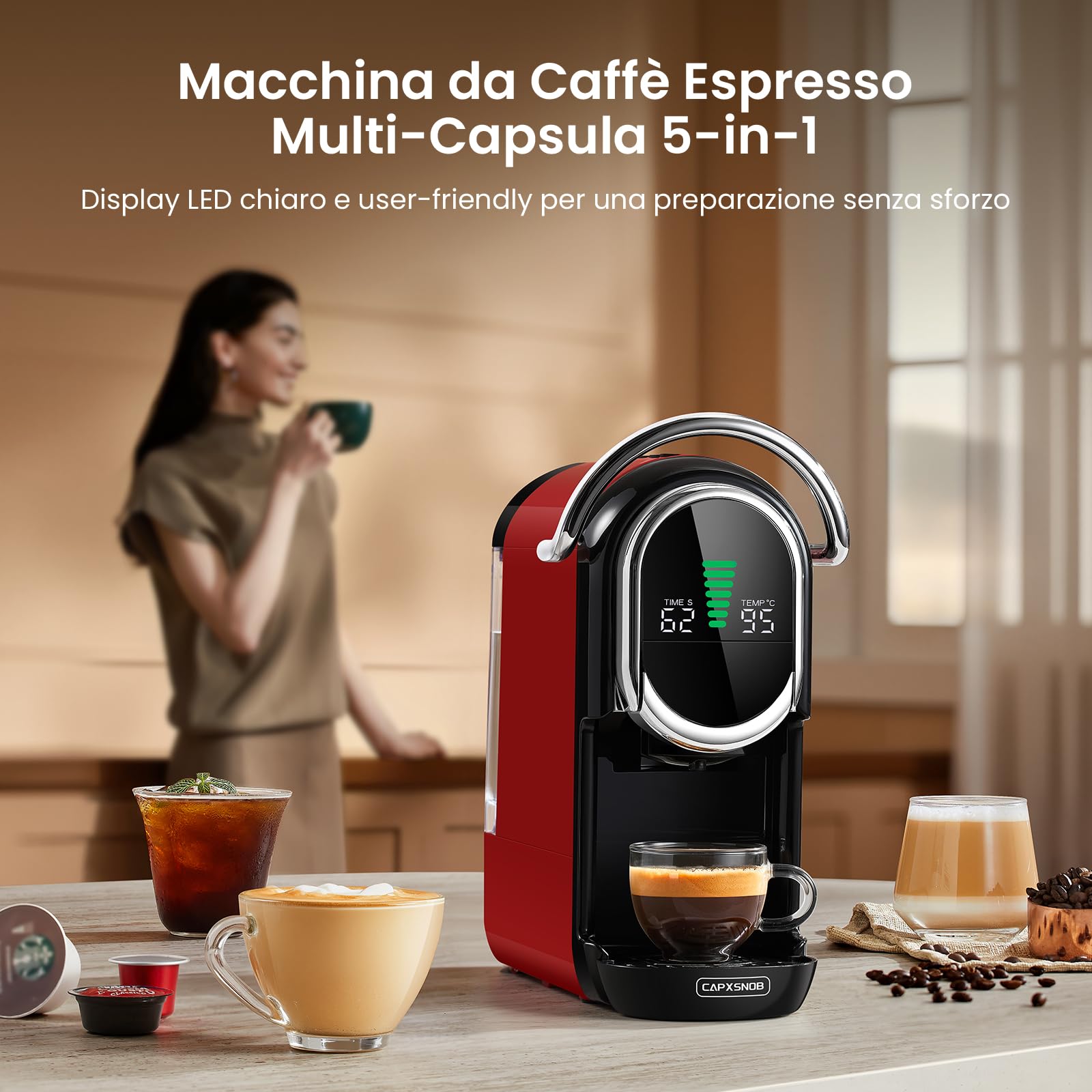 Magician1 Mini Macchina da Caffè Cialde 5in1 per Nespresso Originali, Dolce Gusto, Lavazza A Modo Mio, ESE 44 Cialde e Caffè Macinato, 20 Bar, 1450W, Display LED, Acqua Regolabili 7 Livelli (Rosso)