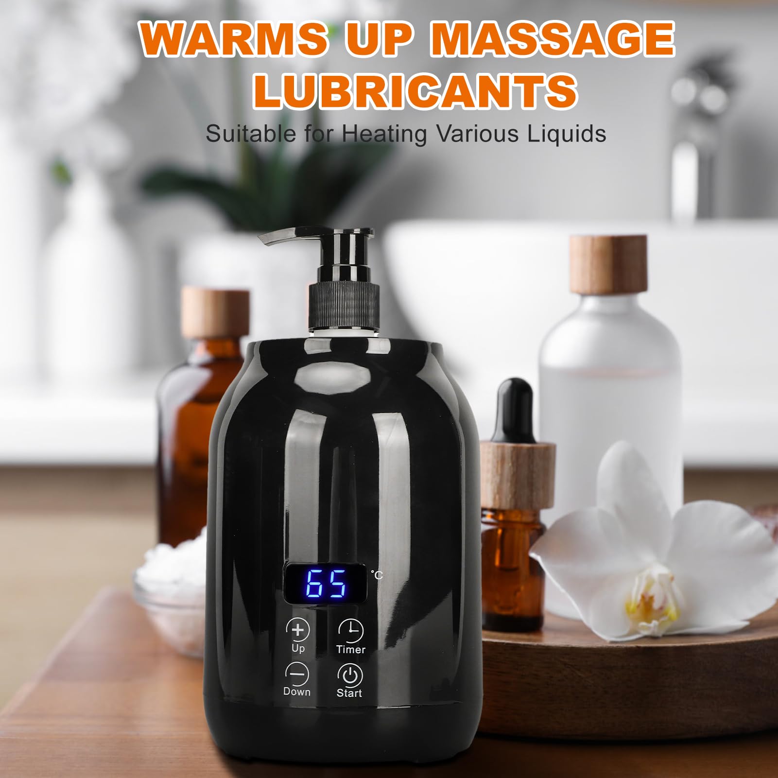 Massageöl Wärmer Gerät, Tragbarer Lotionsflaschenwärmerspender, Heizung für ätherische Öle, LED-Anzeige, Temperatureinstellung, 110–240 V, Schwarz