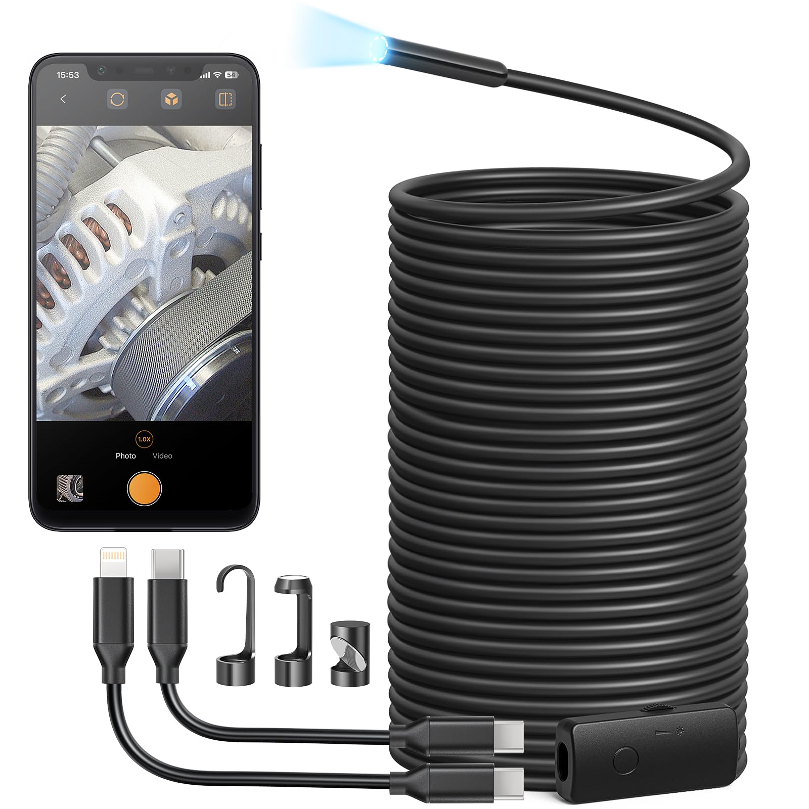 Photo 1 of Anykit Endoscope Camera with Light, 1920P HD Borescope with 8 Adjustable LED Lights, Semi-Rigid Snake Camera with Light, IP67 Waterproof Inspection Cam for iPhone & Android, 50 ft Single Lens