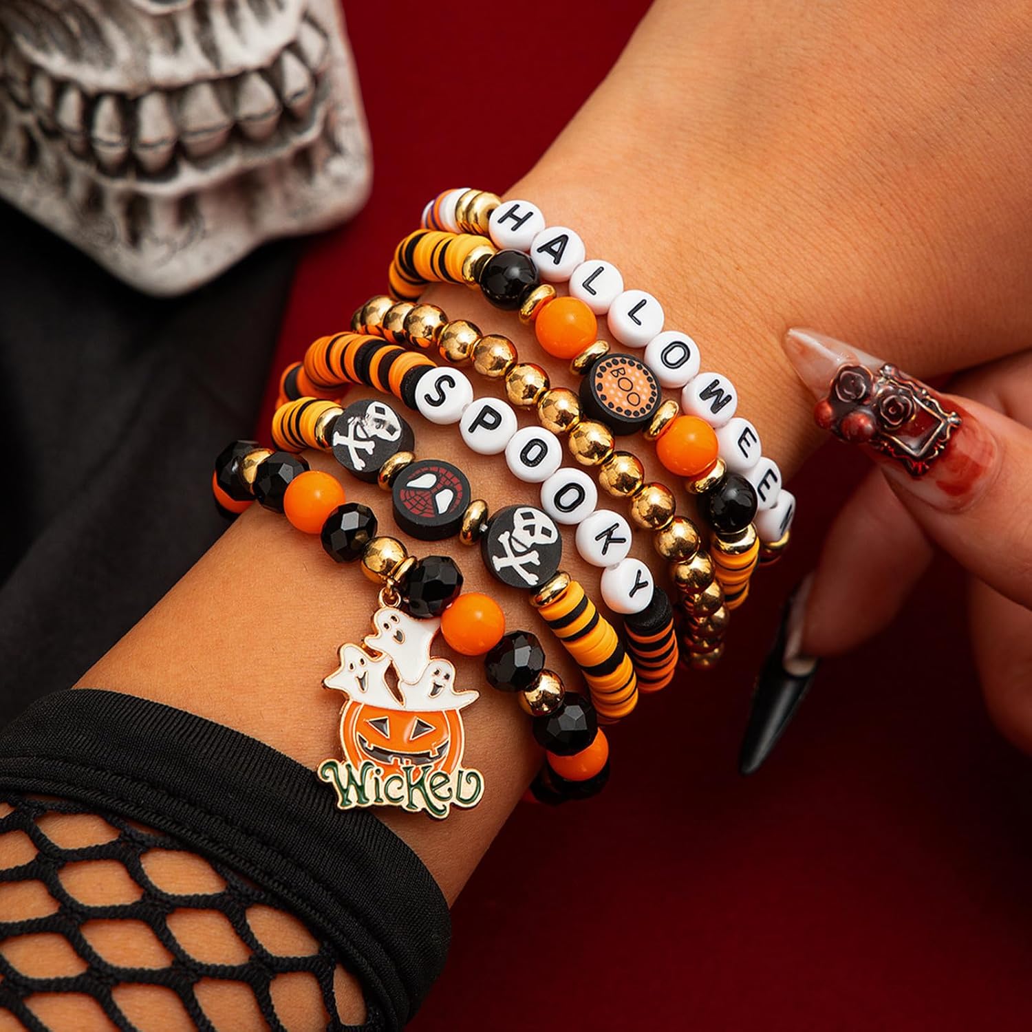 Stackable Halloween Bracelets - Pumpkin Spider Boo Clay Bead Bracelets for Women's Party Jewelry - Image 4