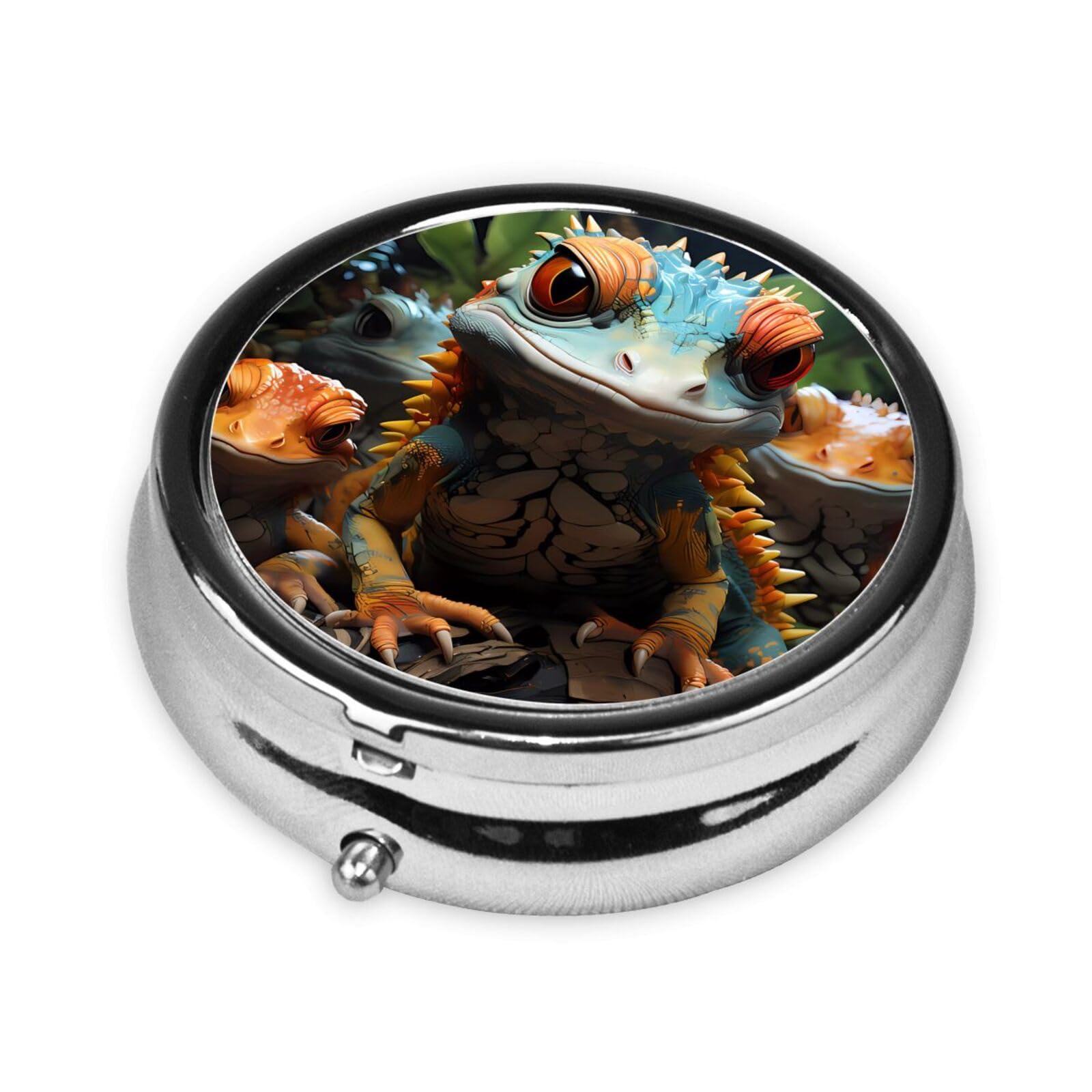 Cute 3-Compartments Round Pill Box Colorful Lizards Small Pill Case Portable Medicine Dispenser,for Pocket Purse