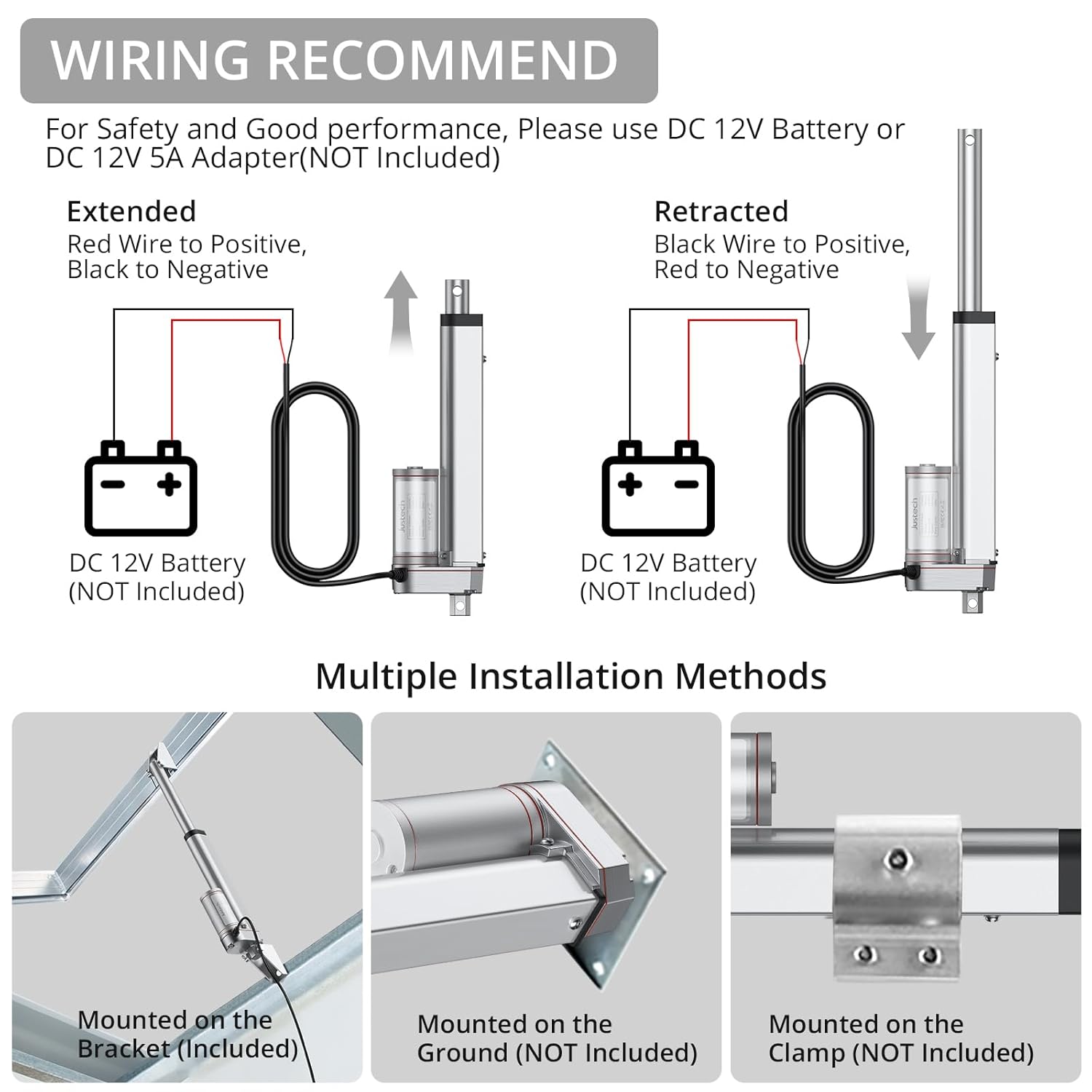 Justech 12V Heavy-Duty Linear Actuator 225LBS/1000N-6inch/150mm Silent IP65 Electric Actuator with Brackets for Electric Windows, RV Adjustments, Solar Trackers, Industrial Machinery