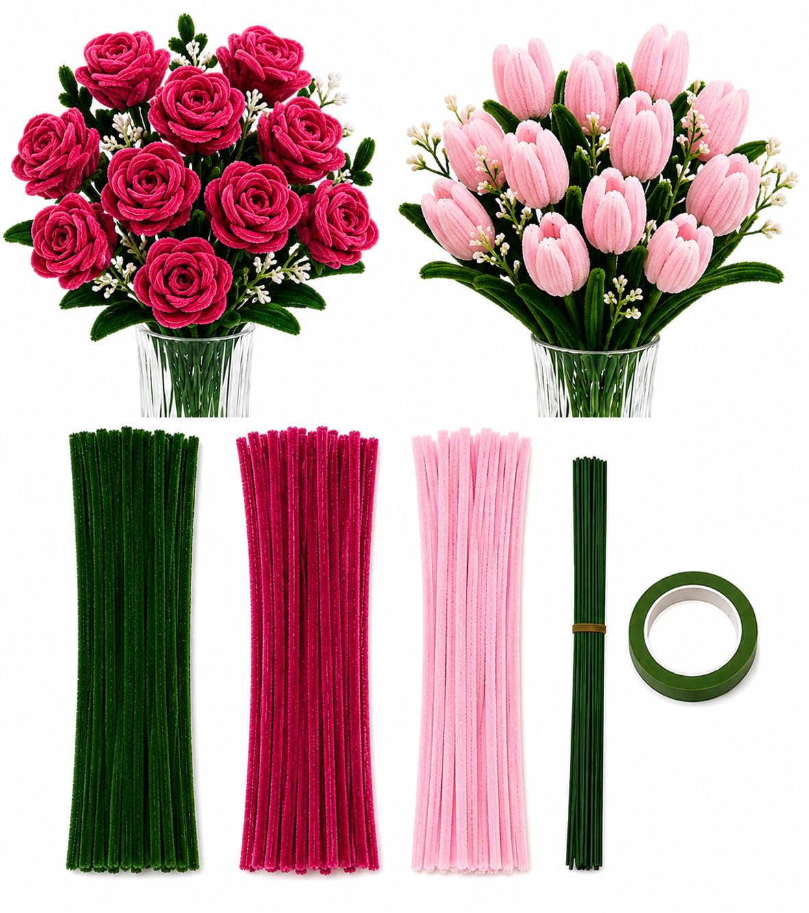 100 Pcs Pipe Cleaners for DIY Craft Flowers Making Fuzzy Chenille Stems Fluffy Sticks 20 Floral Stem Wire 1 Floral Tape for Arts Crafts Creative School Projects Kids Craft Supplies Home Party Decor-picture-39