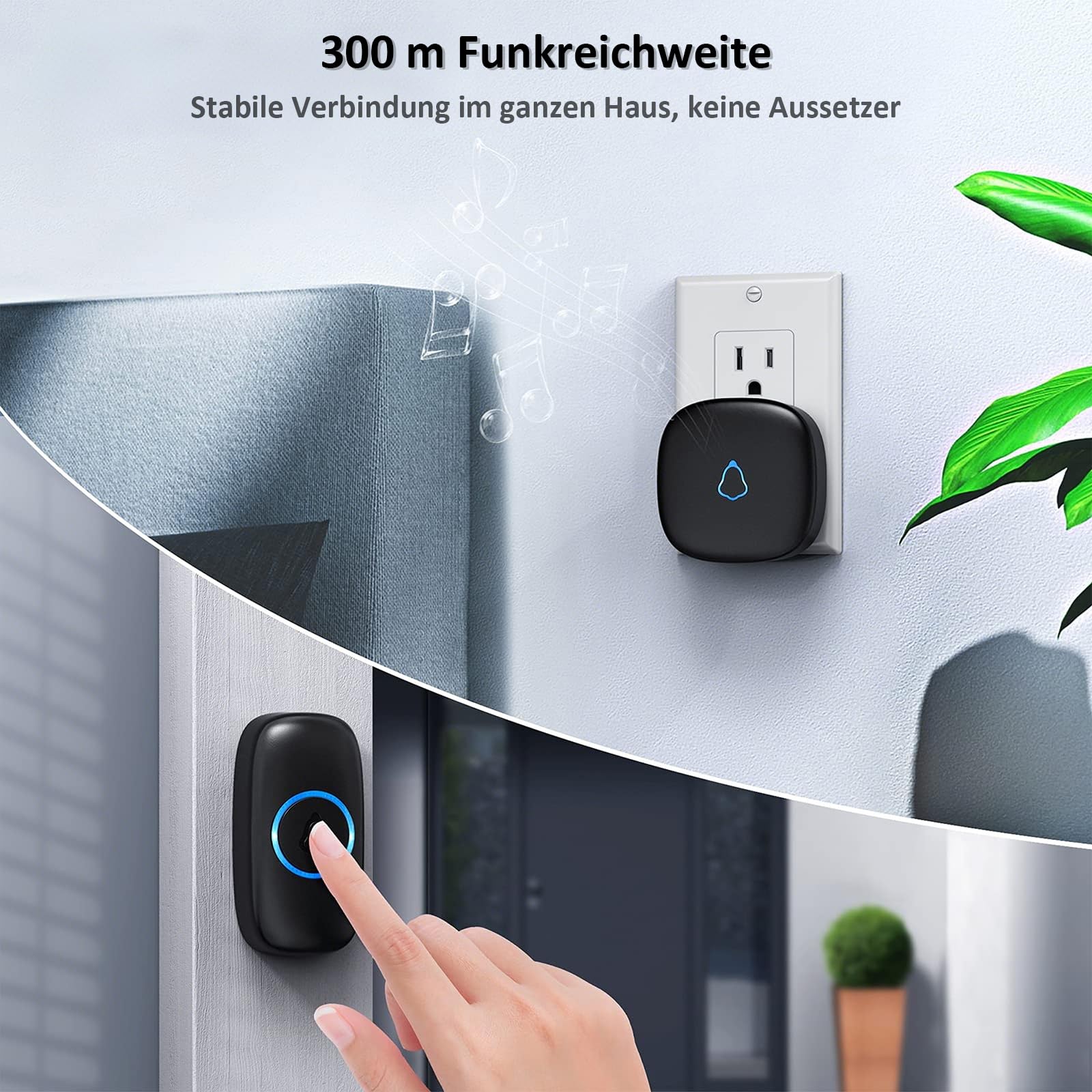 SECRUI Funkklingel Türklingel für Haustür, 2 Empfänger + 1 Sender Haustürklingel Set,Funk Tür Klingel,Kabellos Doorbell mit 58 Melodien,0-120dB 5 Lautstufen, LED-Licht,300m Reichweite,IP55 Wasserdicht