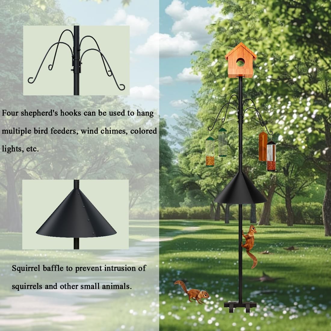 Bird Feeder Pole 101.97 Inch House Stand with Squirrel Proof Baffle Heavy Duty Feeding Station with 4 Shepherd Hooks for Outdoor Garden Yard Black (Bird House Not Included)