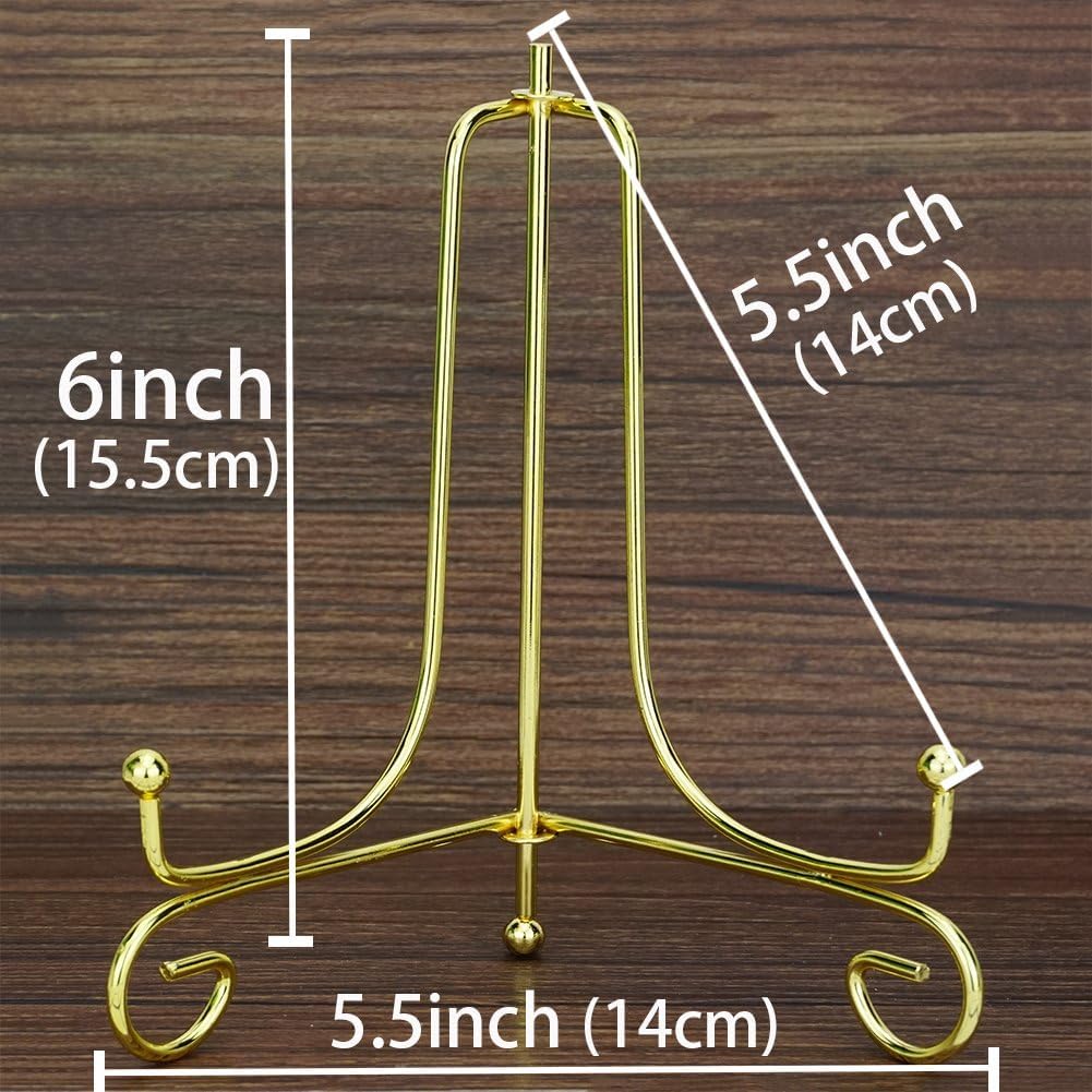 Prescent 6 inch Folding Gold Metal Frame Plate Holder Easel Stand for Picture Frame, Decorative Plates, Photo, Book, Collectibles (Gold, Pack of 2) 1