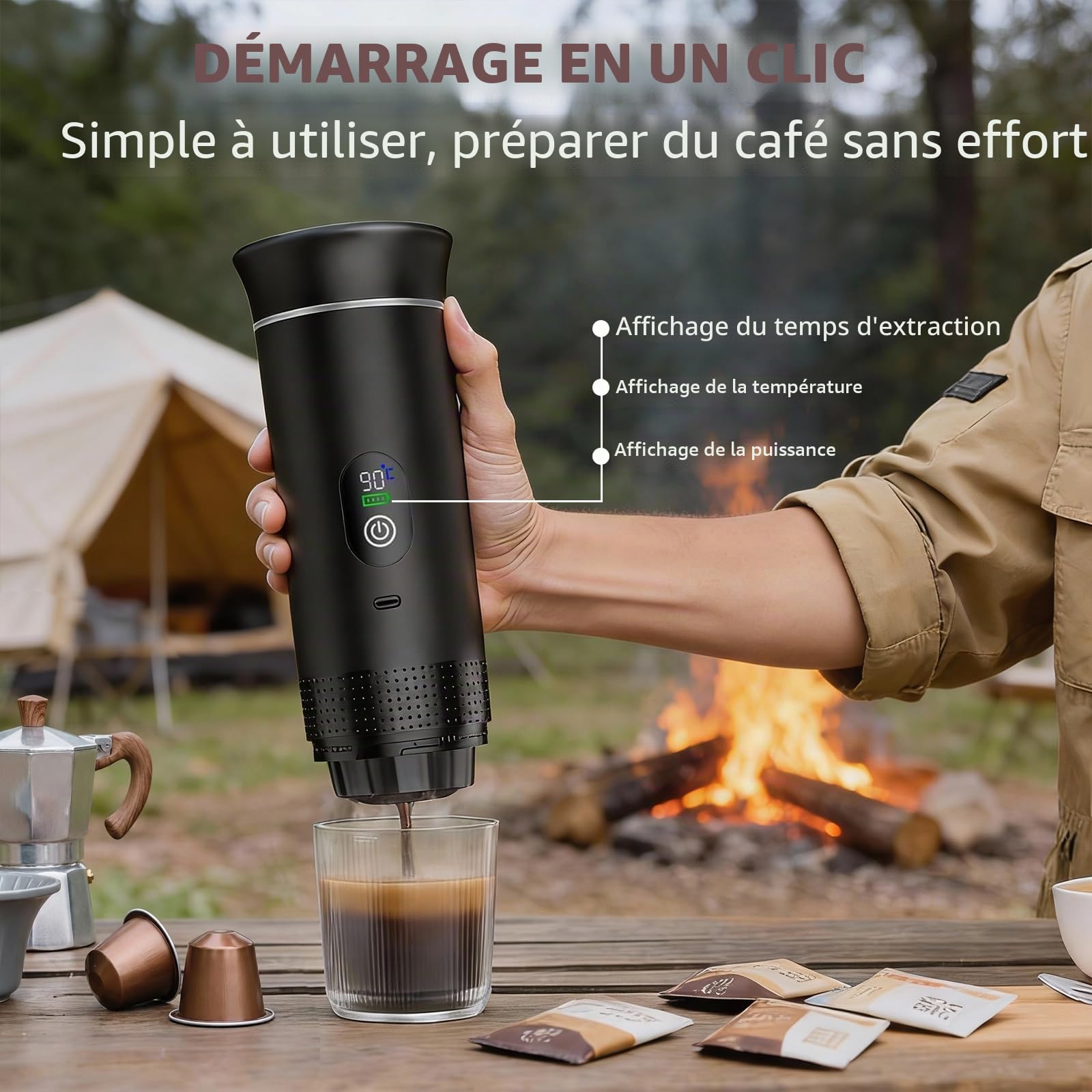 Machine à Cafe Portable, Cafetiere Portable Rechargeable, Auto-Chauffante Mini Expresso Machine à Café Capsules, Charge USB-C, Compatible avec Café Moulu et Capsules NS pour Camping, Voyages, VR