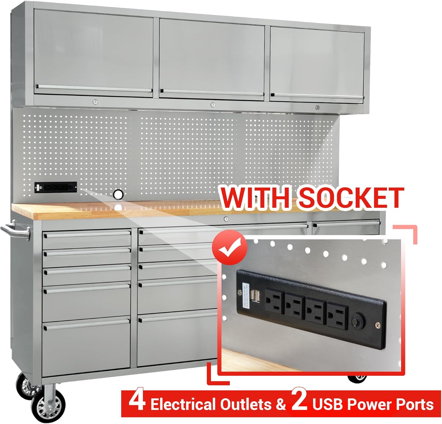 CT Copper Tailor 72-inch Rolling Tool Chest with Integrated Power Strip,15 Drawers and Wheels, Garage Workbench with Storage, 3 Upper Cabinets, Pegboard in Stainless Steel