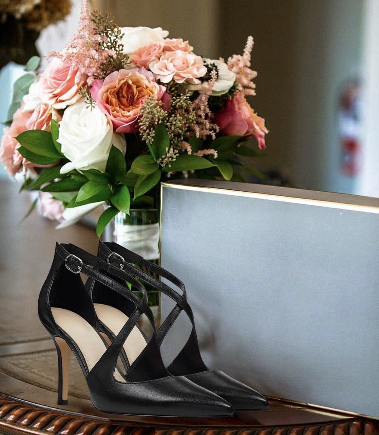 Minshluu Womens Pumps High Heels Pointed Toe Crossed Strap D'Orsay Zip up Stilettos Party Dress Shoes - Image 2