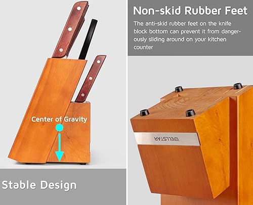 Miniatura 5 de WELLSTAR - Bloque de cuchillos de cocina con 14 ranuras, soporte para cuchillos de madera natural sin cuchillos, almacenamiento de cuchillos de