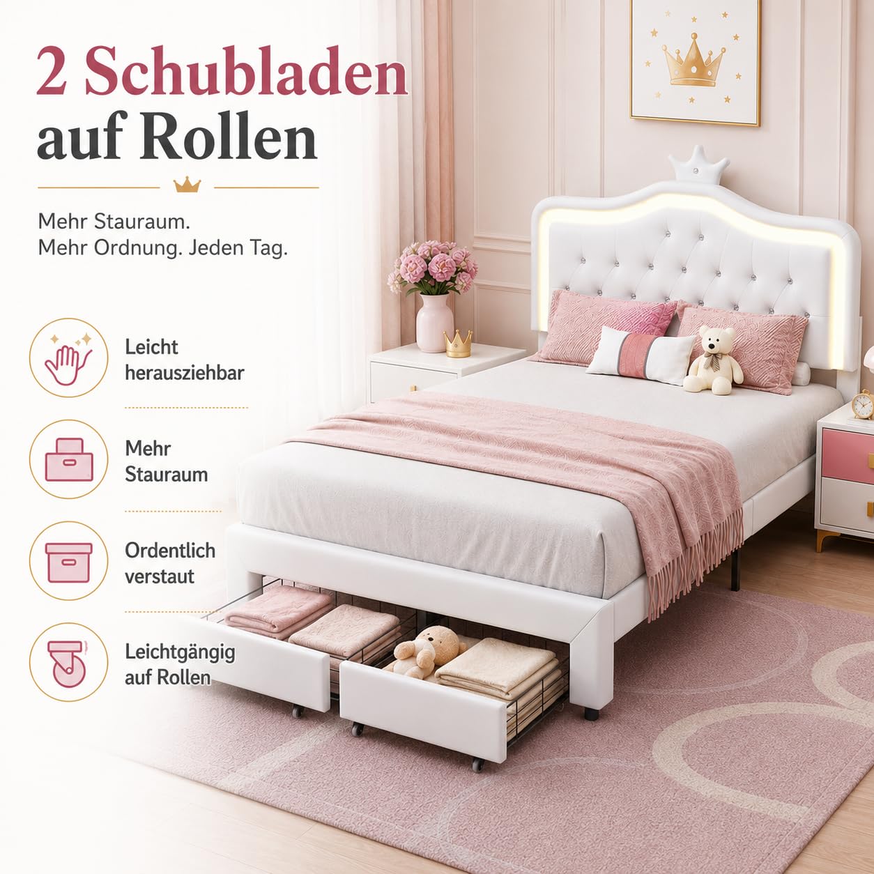 Letto imbottito 140 x 200 cm, letto principesse con illuminazione a LED, Letto matrimoniale con Testiera regolabile a forma di corona, Letto per bambini con rete a doghe e cassetto, senza materasso