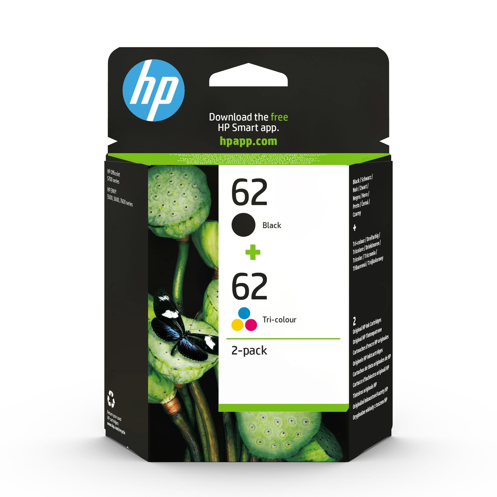 HP 62 Nero e Tricromia, N9J71AE, confezione da 2 Cartucce Originali HP, Compatibili con Stampanti HP Envy 5540, 5642, 5644, 5742, 7640, HP Officejet Moobile serie 200 Nero + Tricromia Standard Multipack