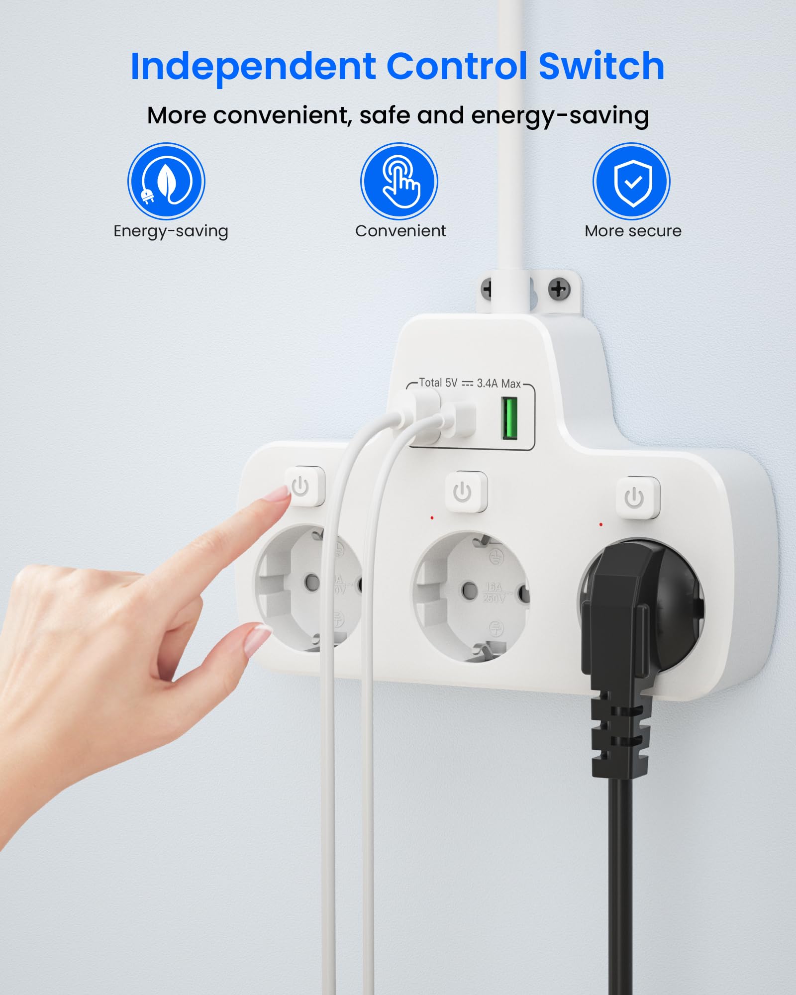 Regleta Enchufes Plano con Interruptor Individual,Ladron Enchufes USB C 3 Tomas Schuko,Enchufe Multiple Pared Clavija Extra Plana,Outlet Extender 2M Alargador Cable,Tomadas Electricas,Blanco