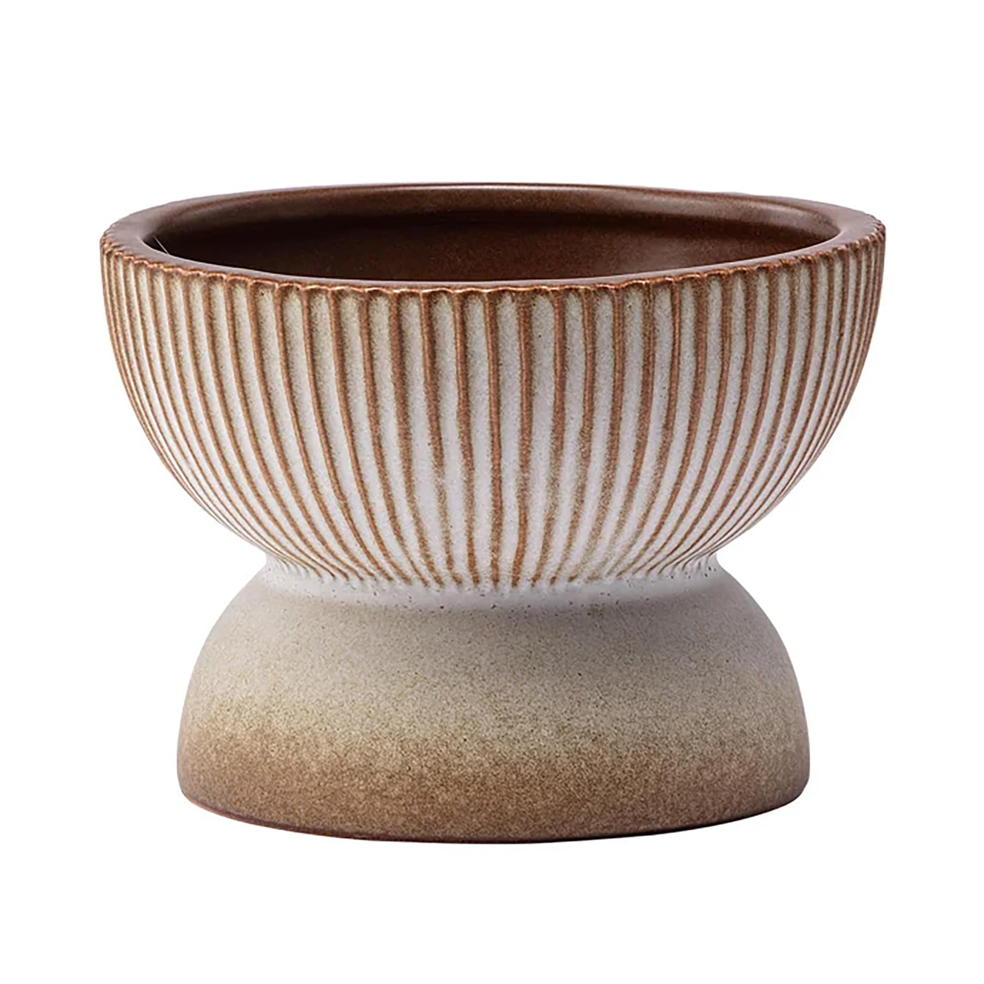 Napco 22411 Ribbed Round Bowl Pedastal Base 4.25 x 4.25 x 3.25 inches Black and Brown Ceramic Flower Succulent Plant Pot Planter Container Holder,