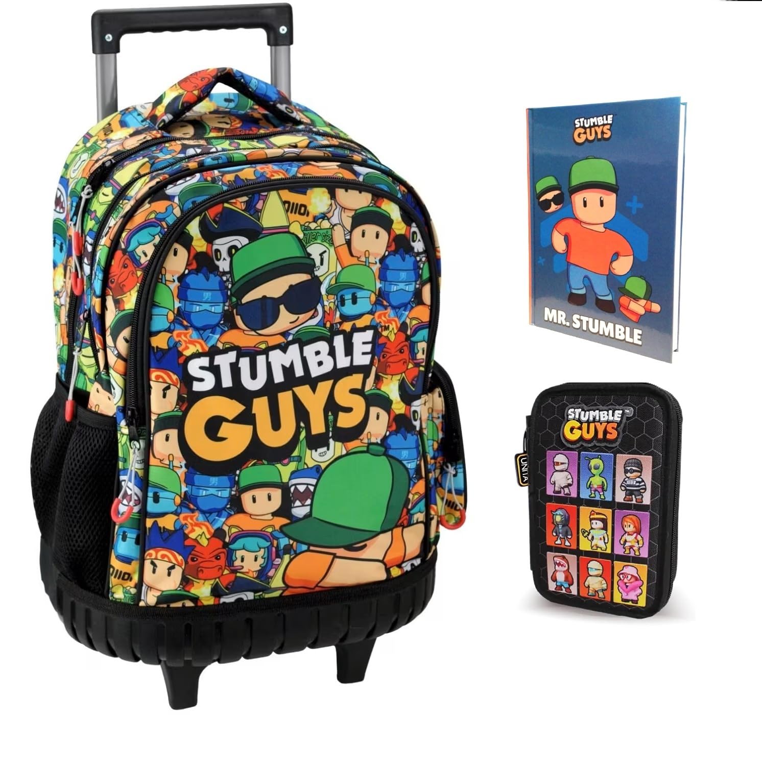 PRESTIGE & DELUXE Trolley Zaino Scuola Stumble Guys Tondo 3 Scomparti zip per bambini primaria media + astuccio 3 piani completo + Diario + Set scrittura