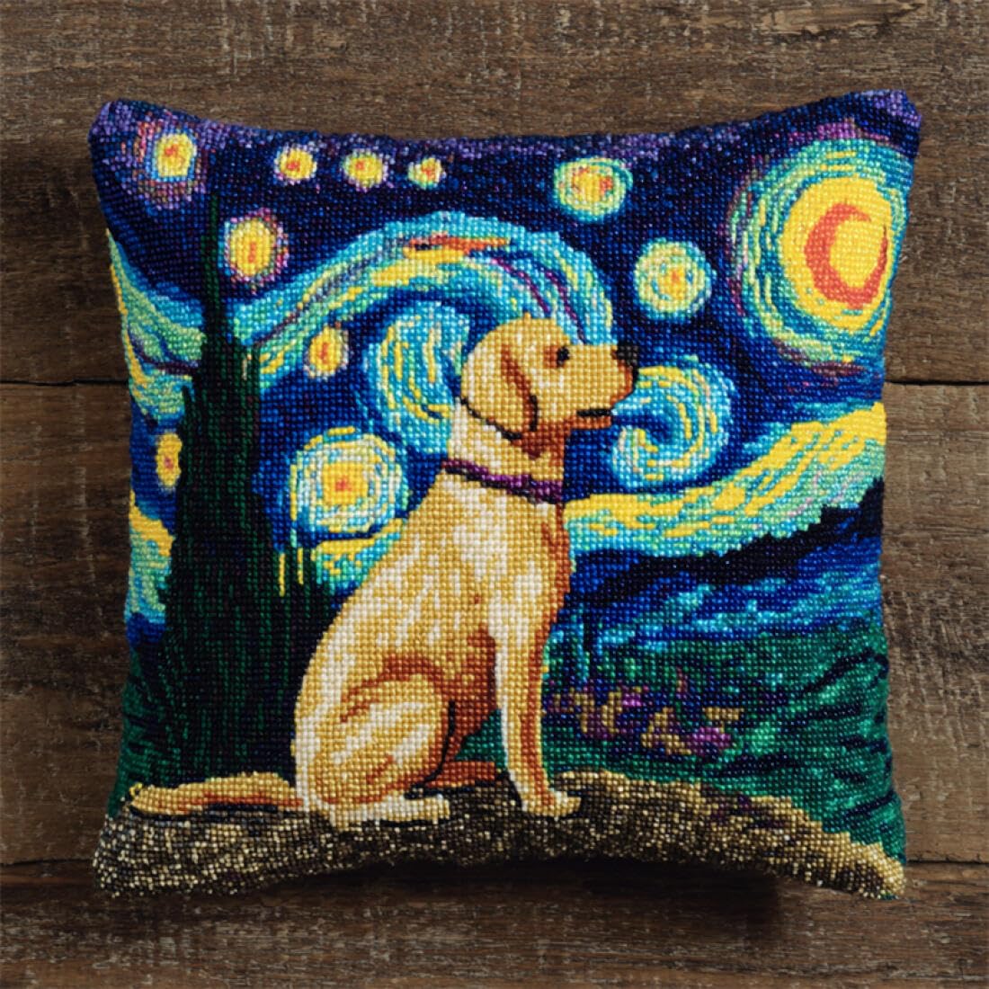 Kitquiver Animal DIY Latch Hook Kit Dogs and The Starry Sky DIY Latch Hook Kits Pillow Needlepoint Cushion Kit for Home Décor Needlework Set for Adult Beginners 17x17In