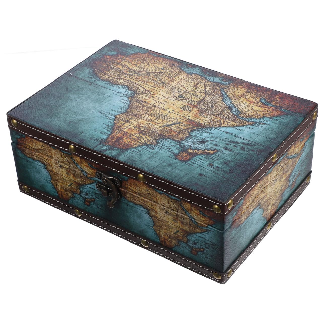 Boîte de rangement en bois vintage bleu avec carte du monde pour bijoux et décoration de chambre