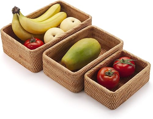 Miniatura 3 de Cestas de almacenamiento de frutas de ratán natural, caja rectangular de mimbre tejida para llavero remoto apilable natural juego de 3