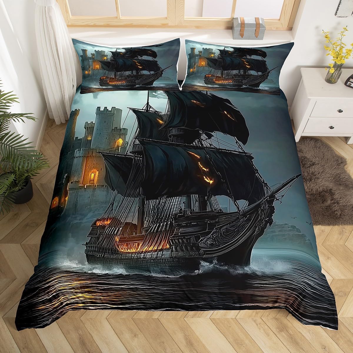 Feelyou Beach Moonlight Comforter Cover Set Queen Size Coastal Ocean Seagull Bedding Set for Boys Girls Natural Landscape Bedding Duvet Cover Set Room Decorations Bedspread Cover 3Pcs,No Stuffing