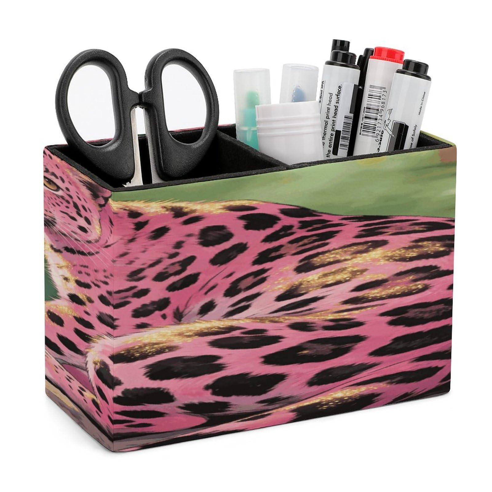 LZQPOEAS Liangguang Powder Leopard Pen Holder Double Compartments Pen Cup Makeup Brush Holders Leather Pencil Holder Locker Organizer for Work Locker Accessories Modern Pencil Cup for Desk