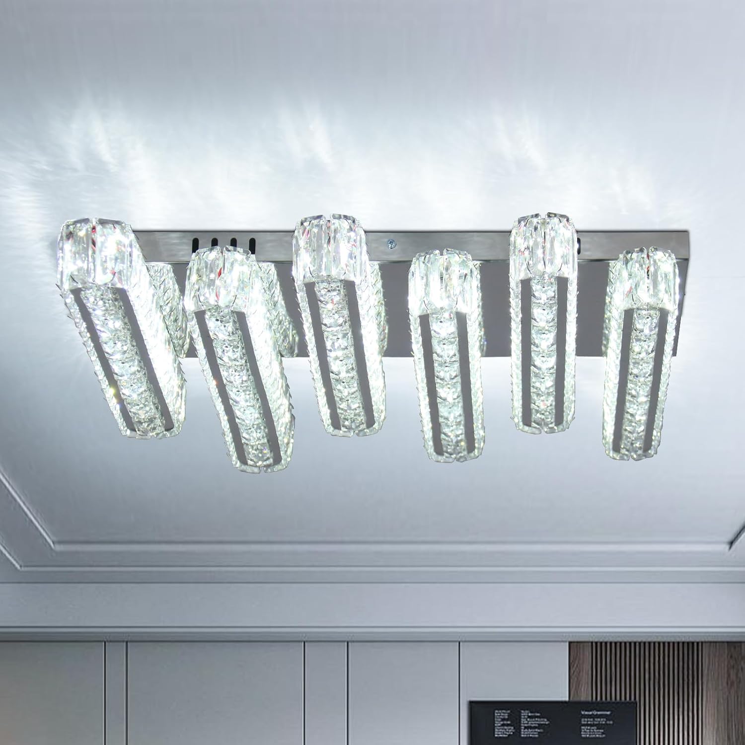 Modern Crystal Chandeliers 6 Lights LED Flush Mount Ceiling Light 20.4" Large Rectangle Chandelier Ceiling Lighting Fixture for Living Room Bedroom (Cool White)
