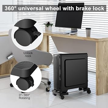Adjustable Mobile CPU Stand, Computer Stand with 4 Rolling Caster Wheels, Under Desk Tower Mount, PC Floor Cart PC Riser for Gaming, Office - Black