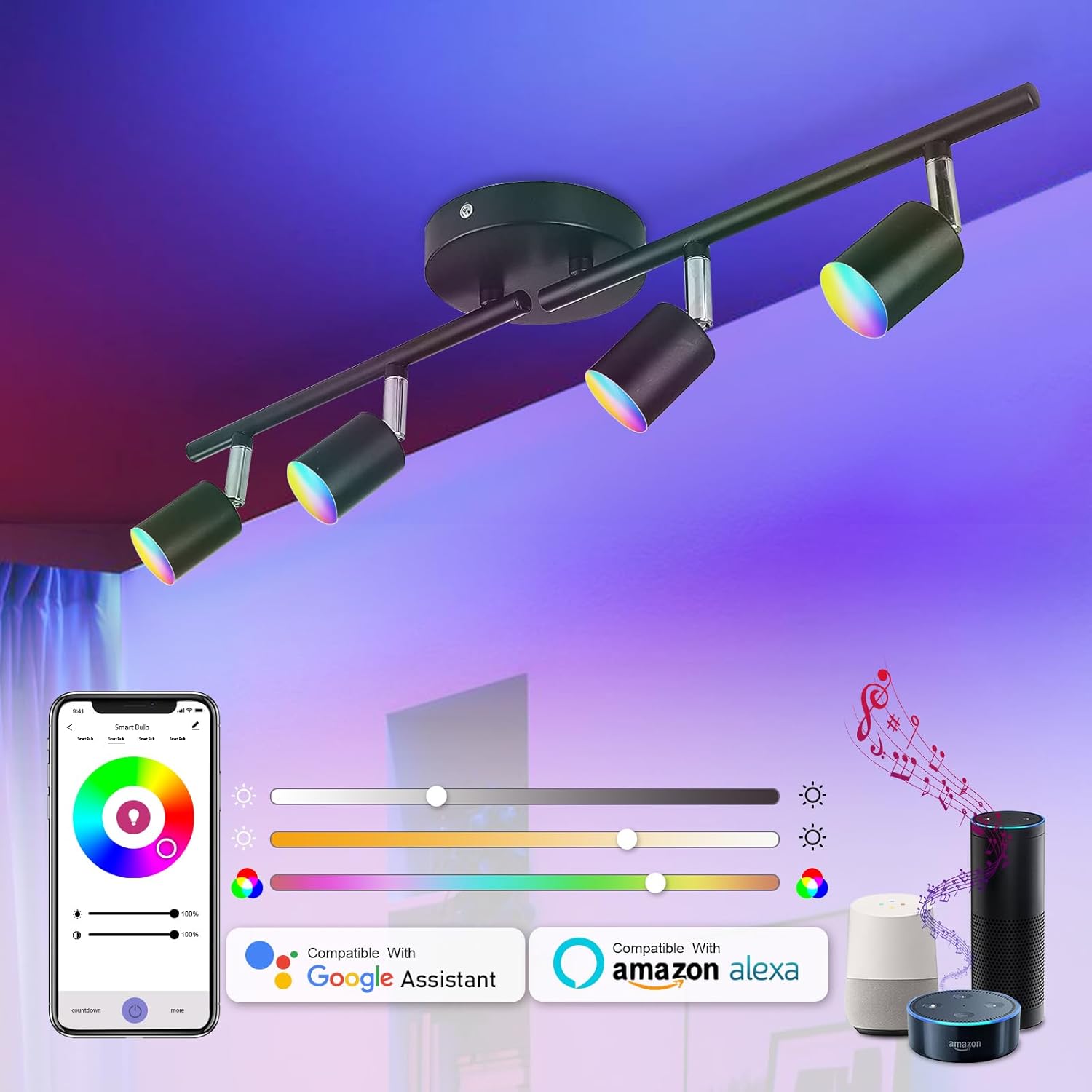 CANEOE Smart 4-Light Black Led Track Lighting Fixtures,16 Million RGB Color Changing Ceiling Track Light Work with Alexa/Google Home/App, Ceiling Spotlight for Kitchen, Living Room, Bedroom, Bar CANEOE Smart 4-Light Black Led Track Lighting Fixtures,16 Million RGB Color Changing Ceiling Track Light Work with Alexa/Google Home/App, Ceiling Spotlight for Kitchen, Living Room, Bedroom, Bar