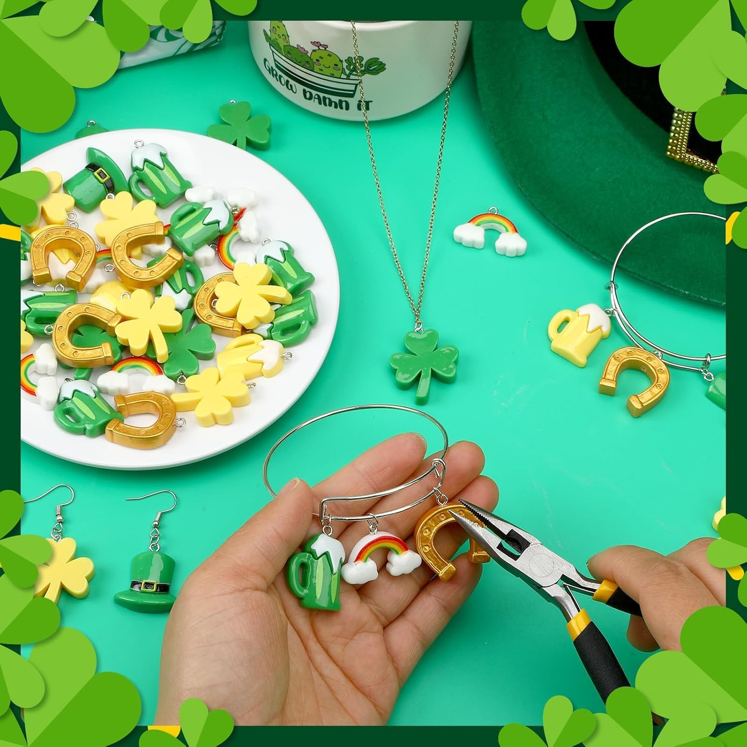 Augshy St. Patrick's Day Resin Charms, 64Pcs Gold Green Shamrock Charm Horseshoe Rainbow Beer Pendants Embellishment for Irish Bracelets Necklace Earrings Jewelry Making Supplies Keychains DIY Crafts Hanging Ornaments - Image 4