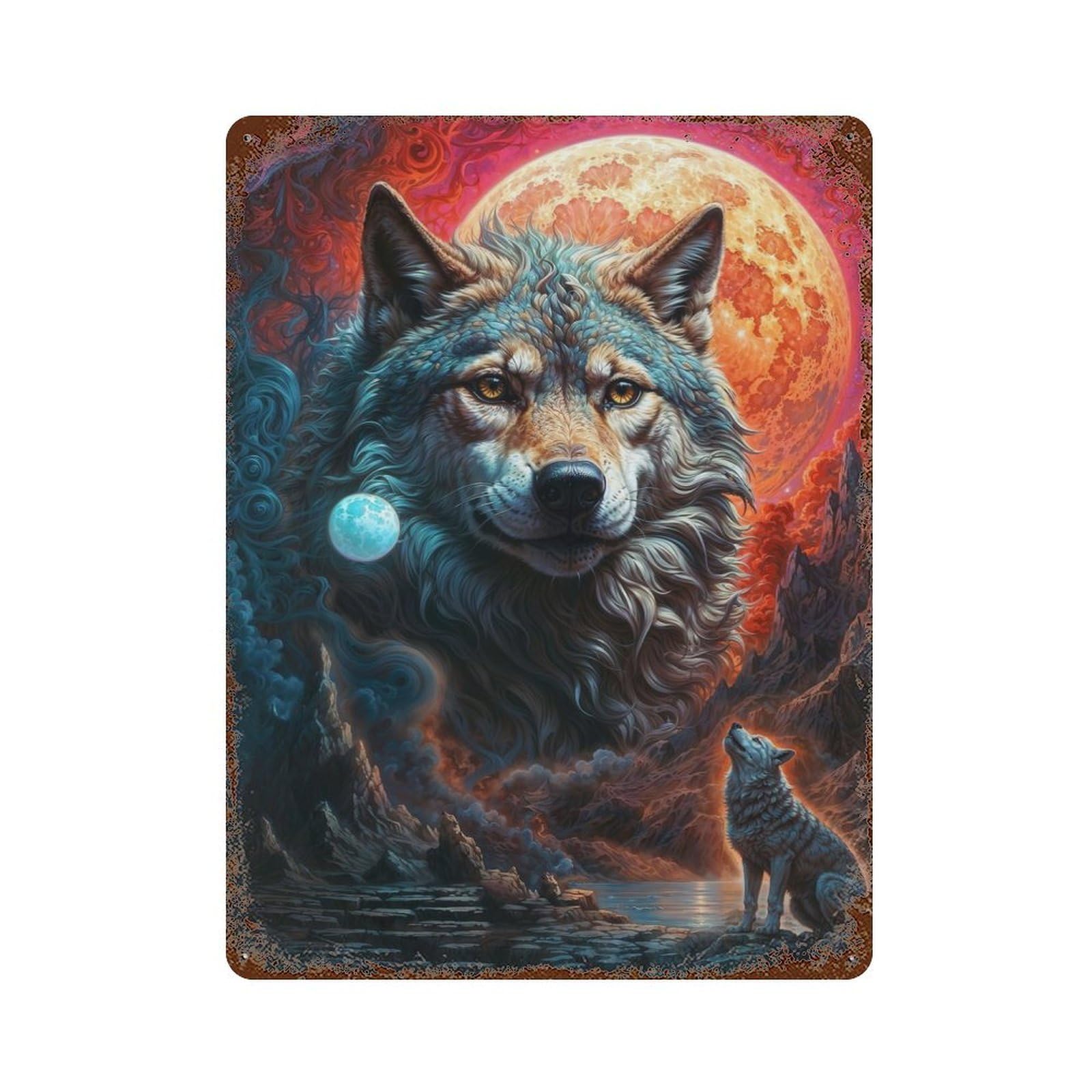 Mysterious Moon Lone Wolf Vintage Wall Sign 15.7"x11.8", Rust Effect Metal Decor for Farmhouse, Kitchen And Entryway Decor