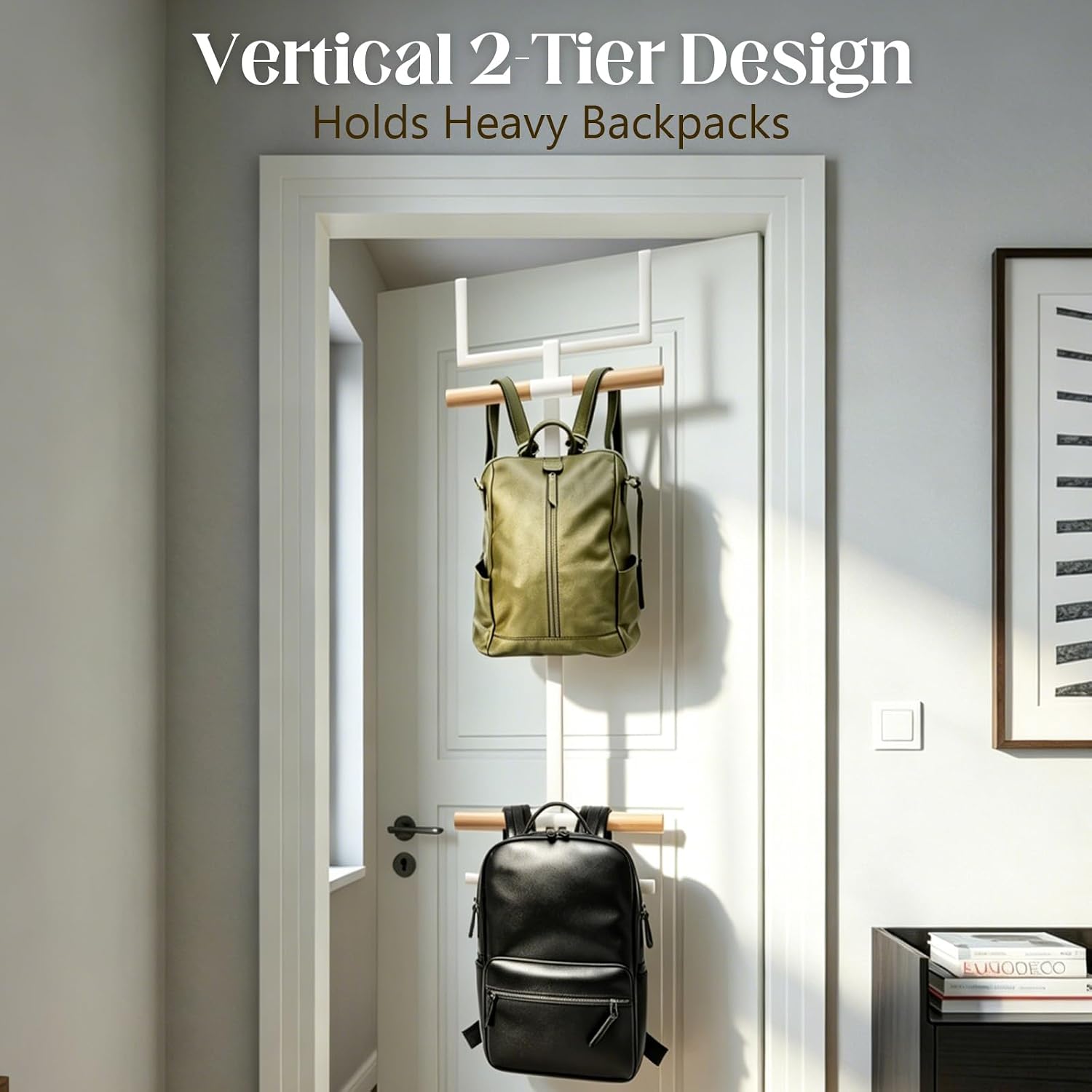 Over The Door Backpack Hanger School Hanger 2-Tier Metal Bookbag Holder Rack Heavy Duty Over The Door Hook Storage for Entryway, Closet, White
