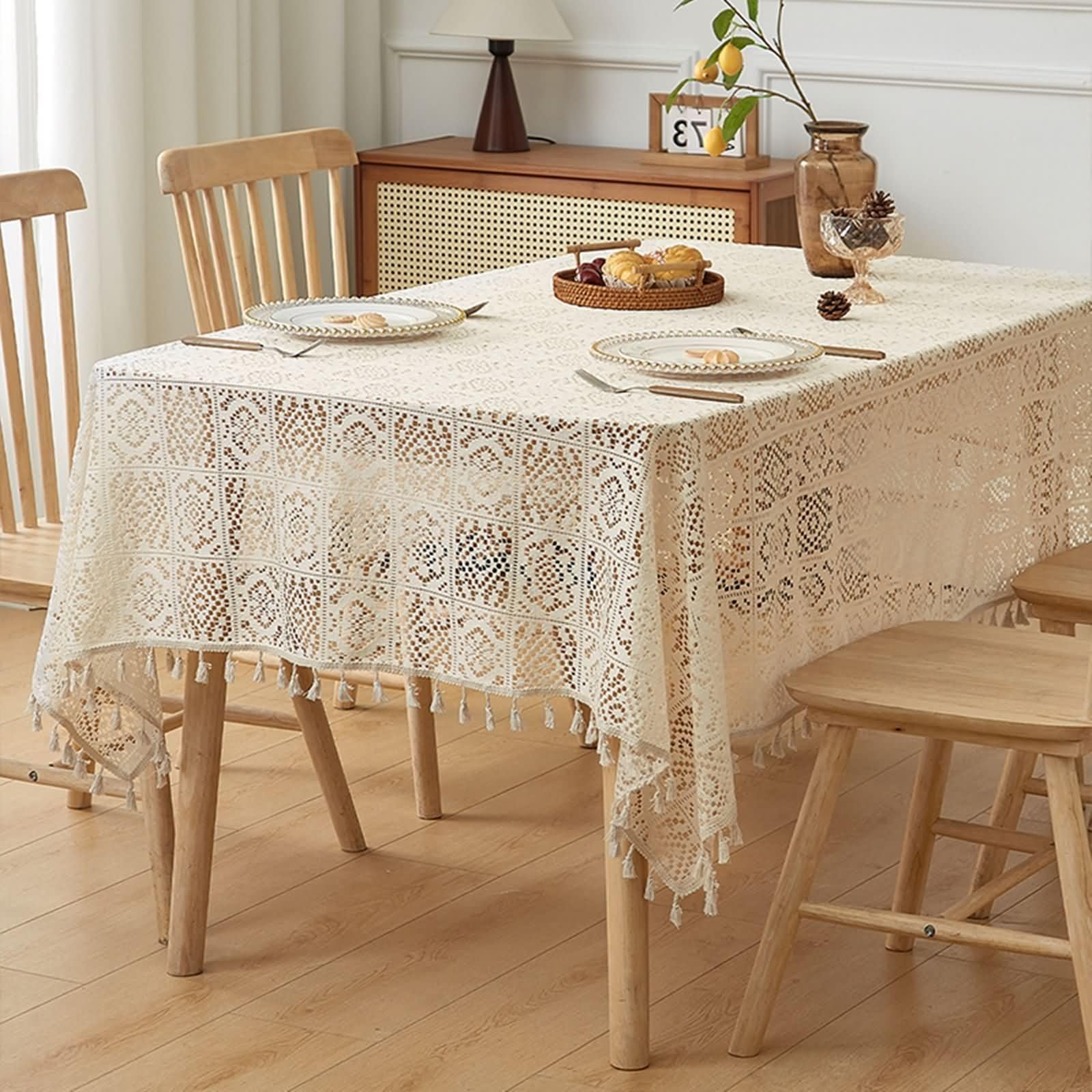 Nappe de table de pique-nique carrée 150x150 en dentelle tricotée beige