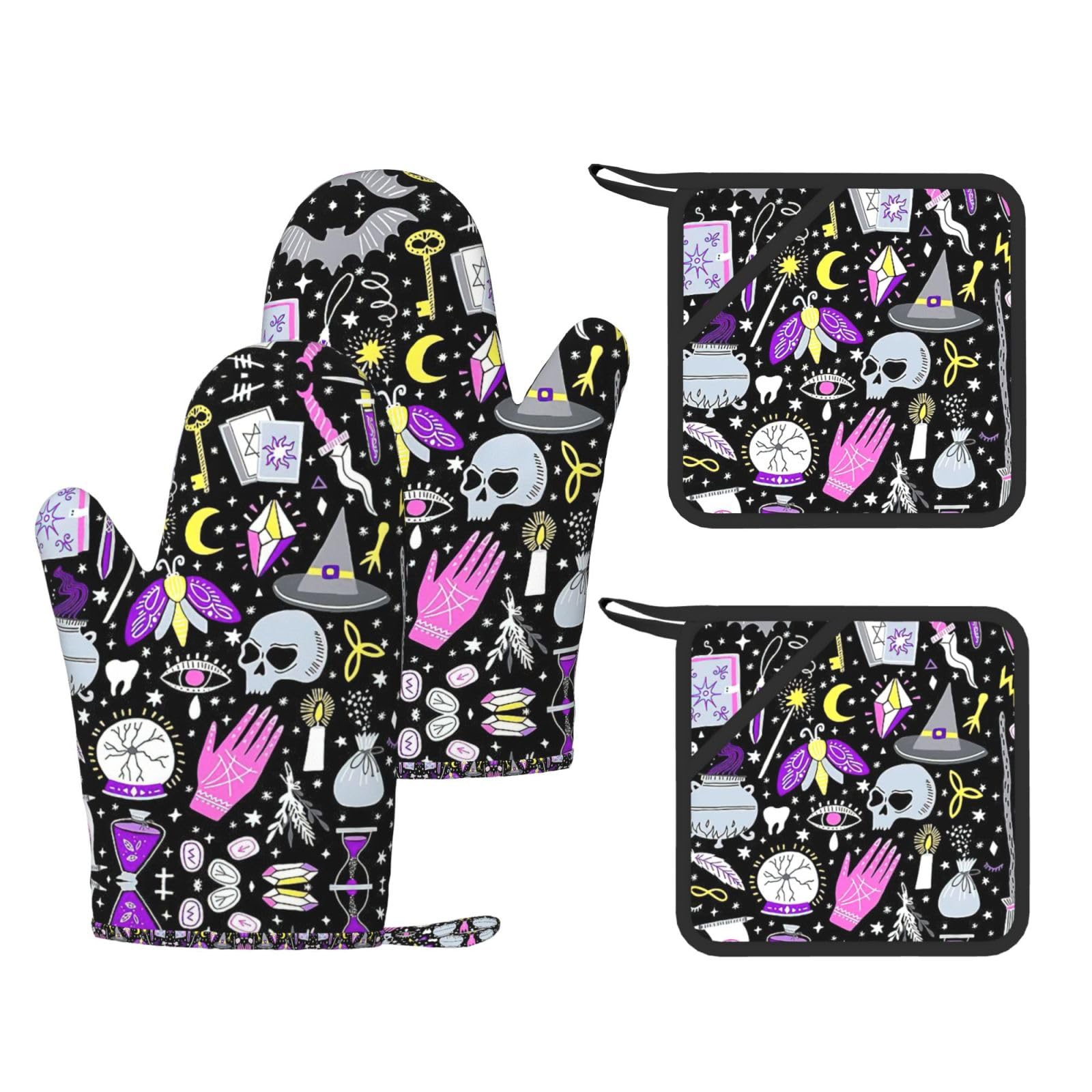 Magic Witch Witchcraft Bohemian Drawing Printed Oven Gloves and Hot Pads Set of 4, High Heat Resistant Silicone Mitts for Cooking BBQ