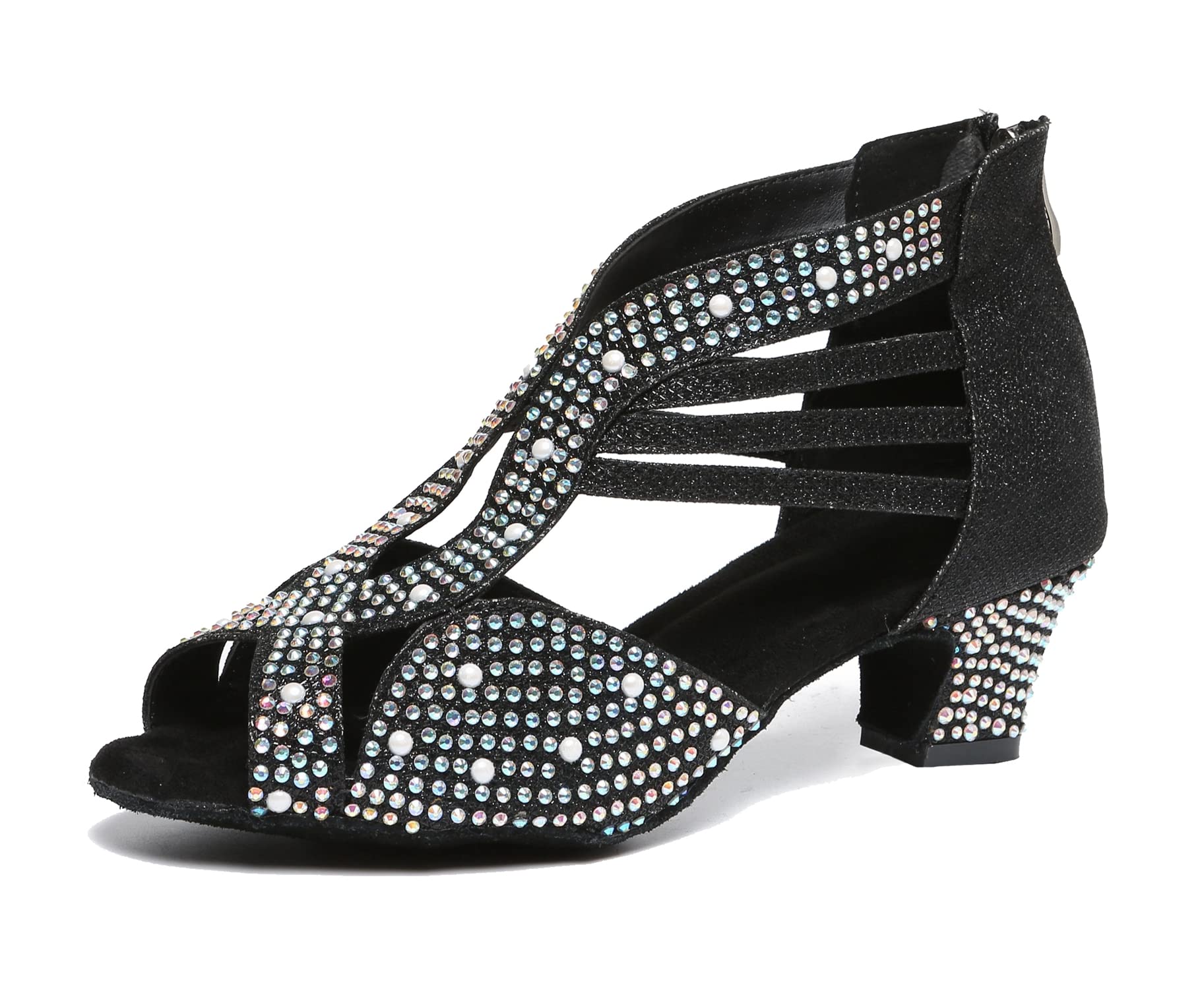 Sandales de danse latine femme L491 noir à strass strassés et talon de 5cm - 8