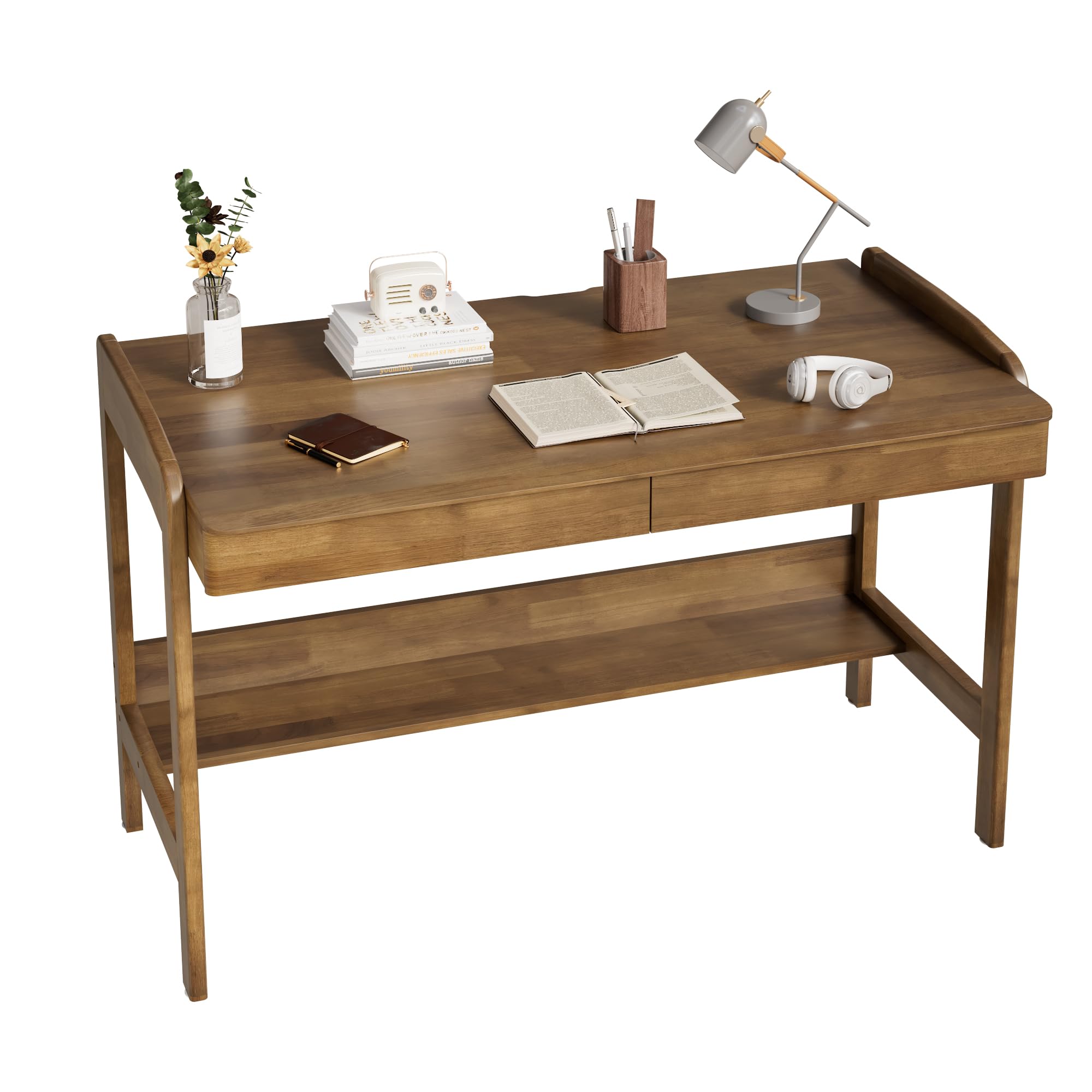 ENPKLUTE 100% Solid Wood Desk with Drawers - 48 Inch Mid Century Modern Desk, Vintage Desks with Storage Shelf, Adjustable Height Writing Computer